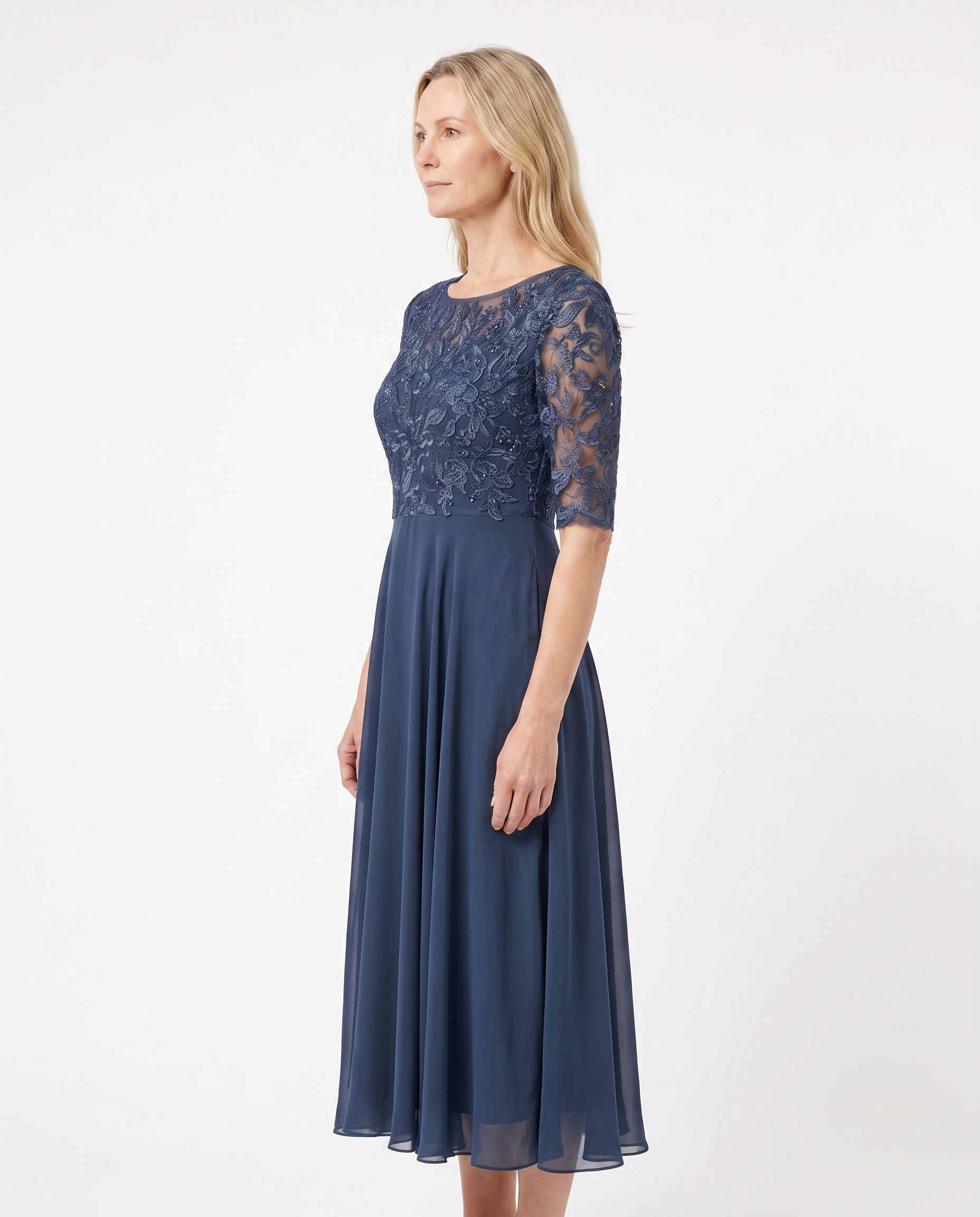 Kanten Midi-jurk met Chiffon Rok en Geborduurd Bloemmotief