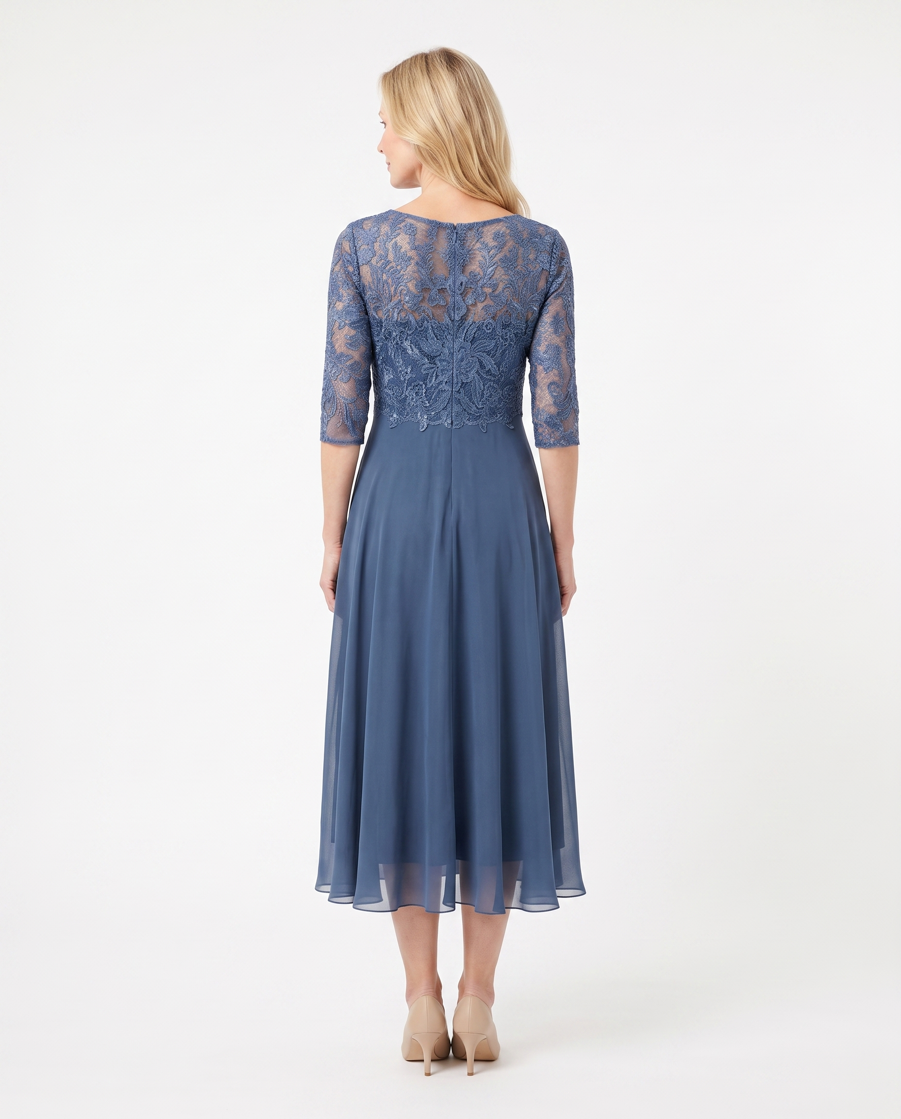 Kanten Midi-jurk met Chiffon Rok en Geborduurd Bloemmotief