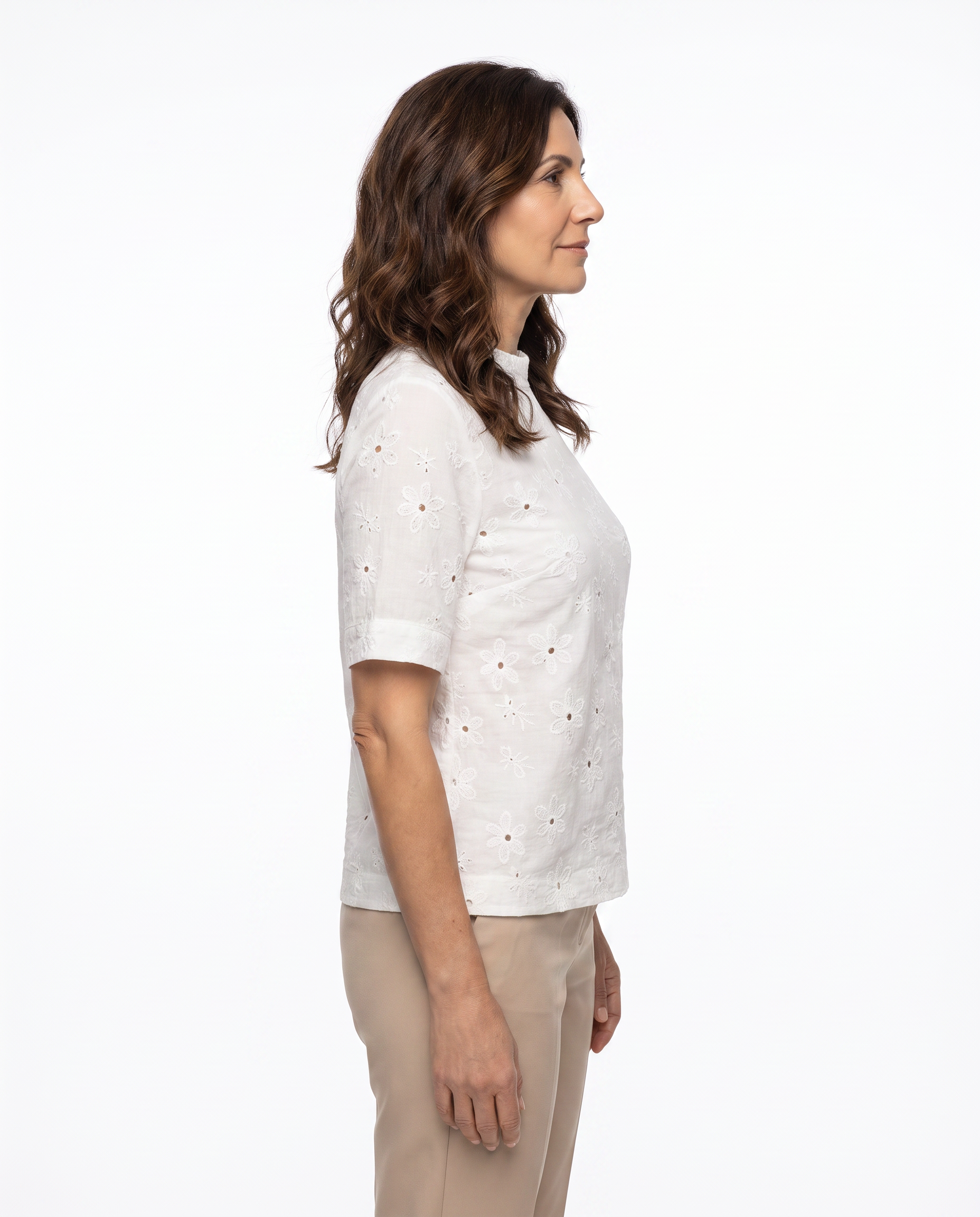 Broderie Blouse met Opstaande Kraag
