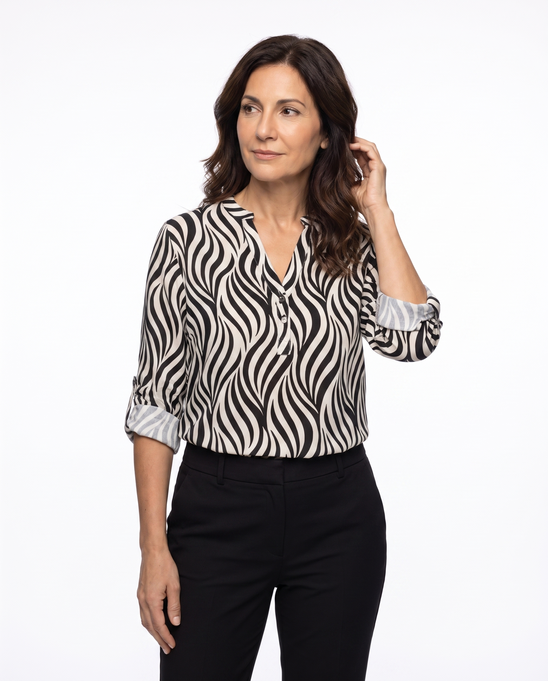 Golfprint Blouse met Opgerolde Mouw