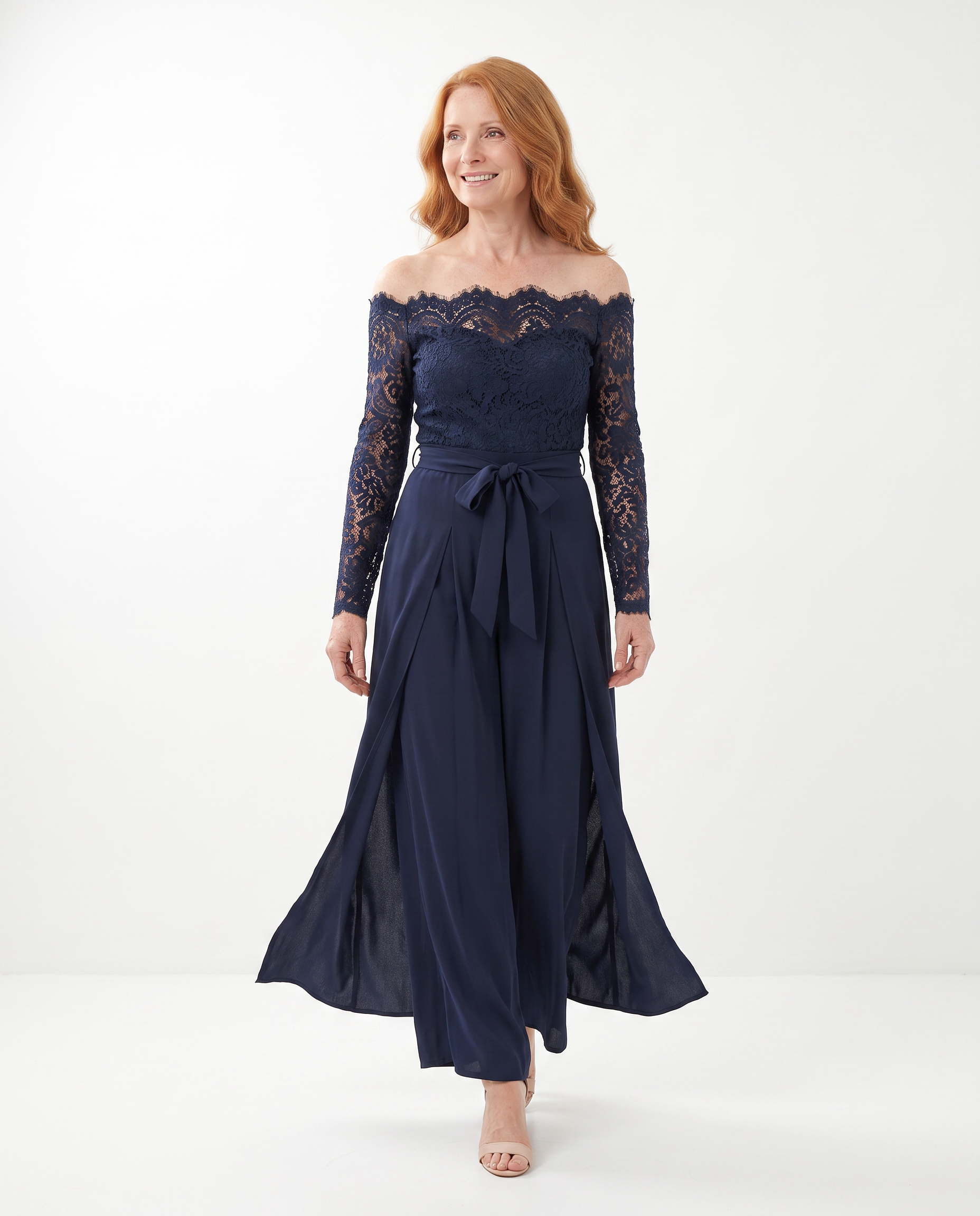 Kanten Jumpsuit met Blote Schouders en Split