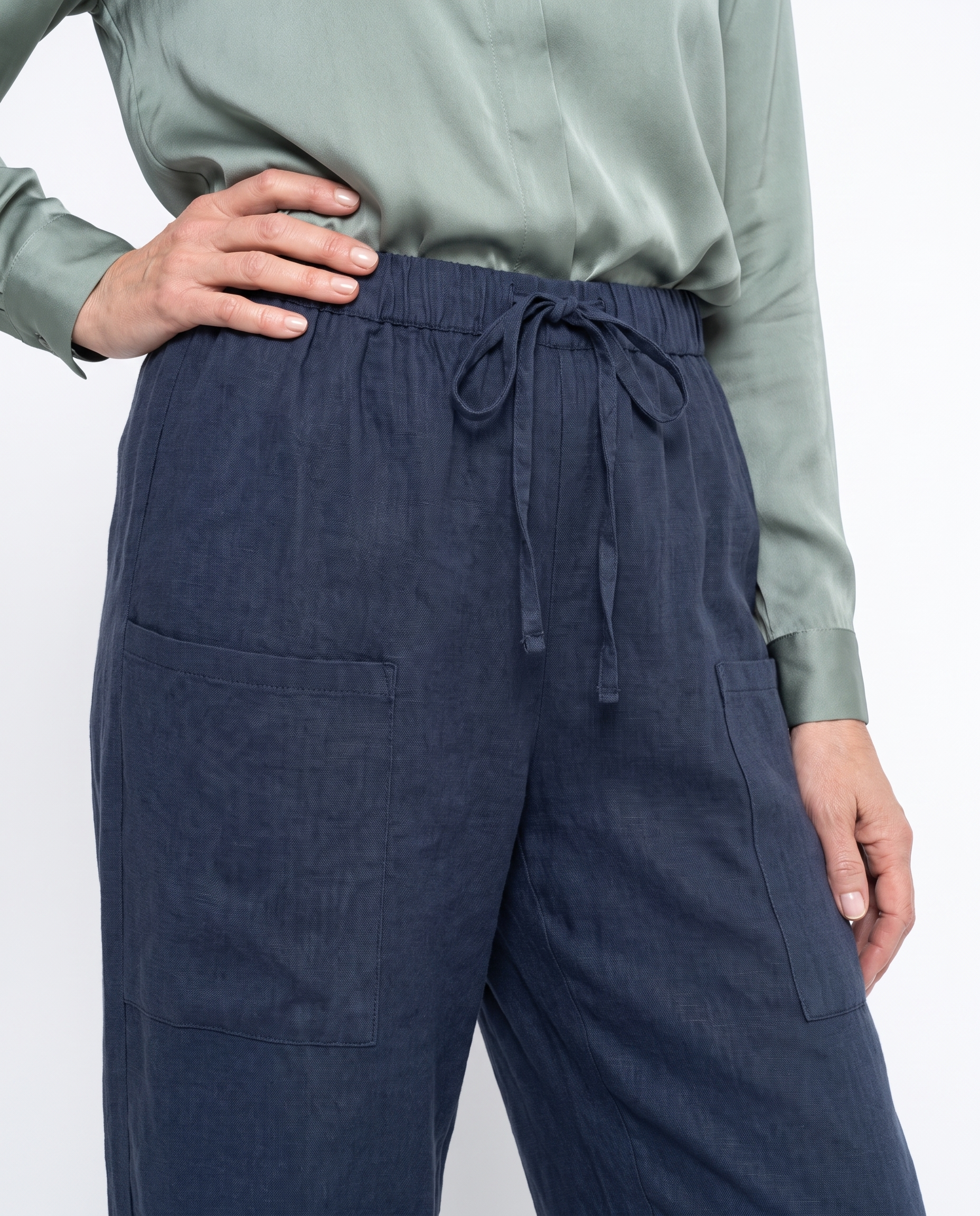 Linnen Broek met Elastische Taille en Knoopdetail