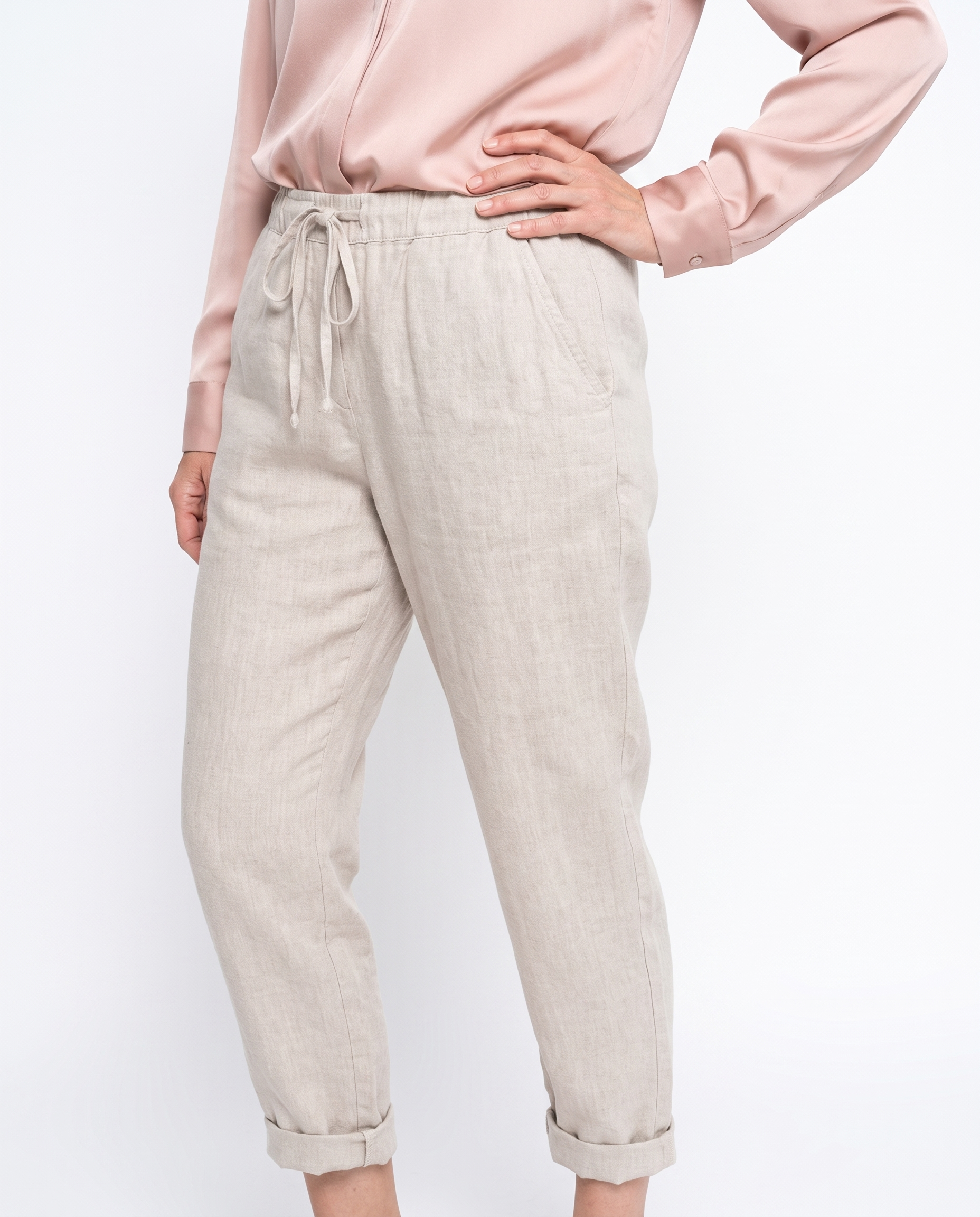 Linnen Broek met Elastische Taille en Omslag
