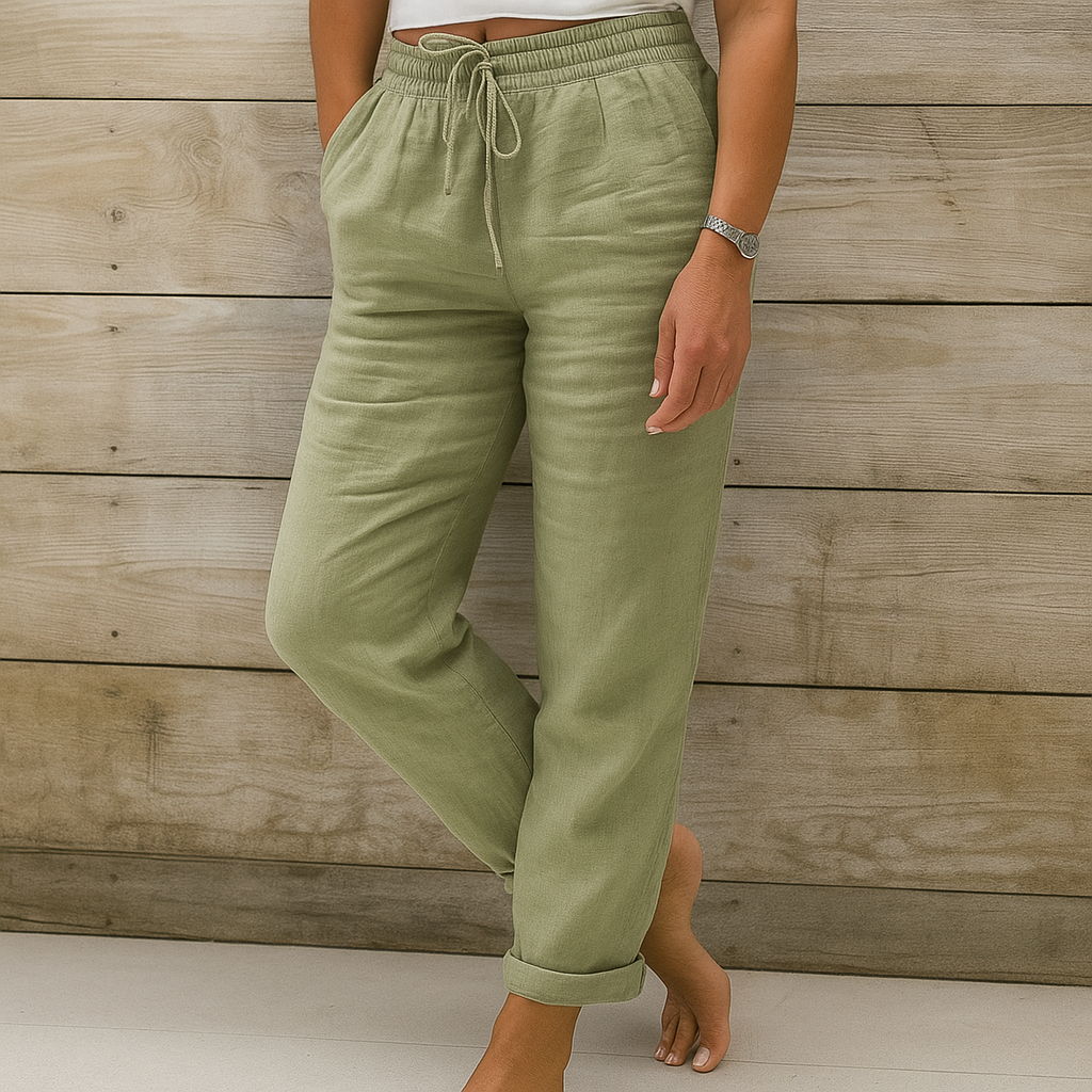 Linnen Broek met Elastische Taille en Steekzakken