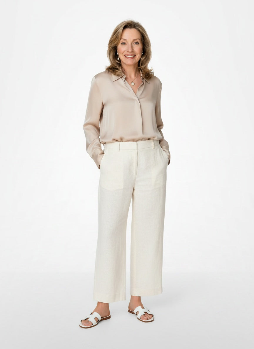 Standing front view of the model wearing Leren Slippers met Iconisch H-Motief