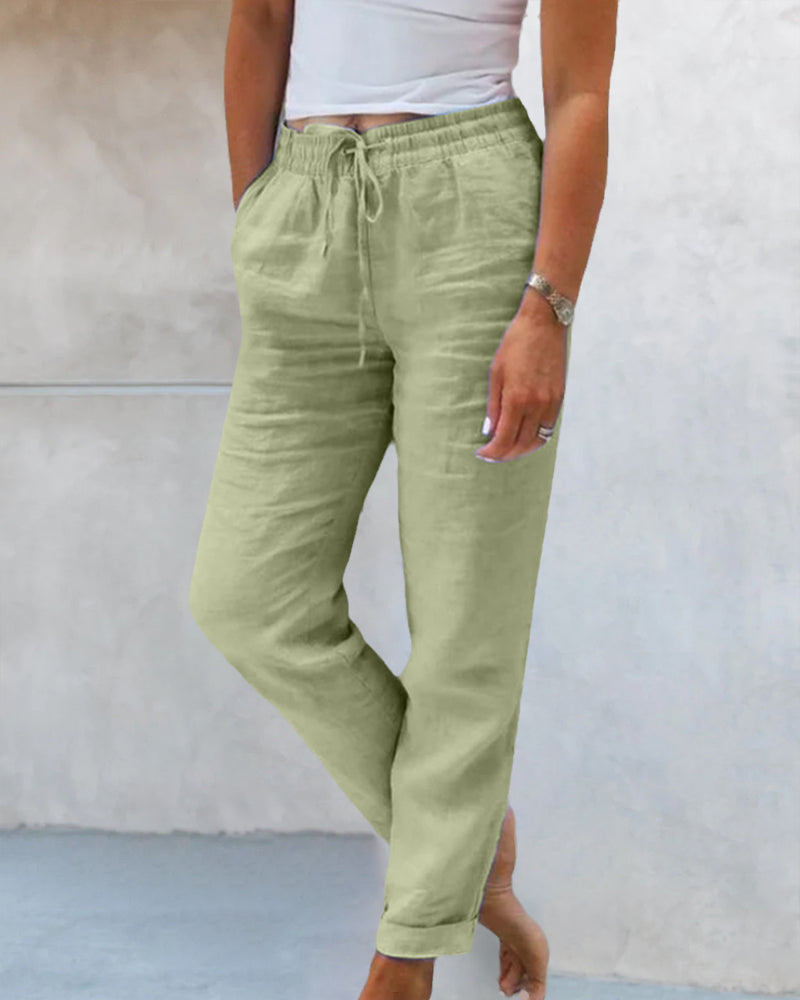 Linnen Pantalon met Elastische Taille en Steekzakken