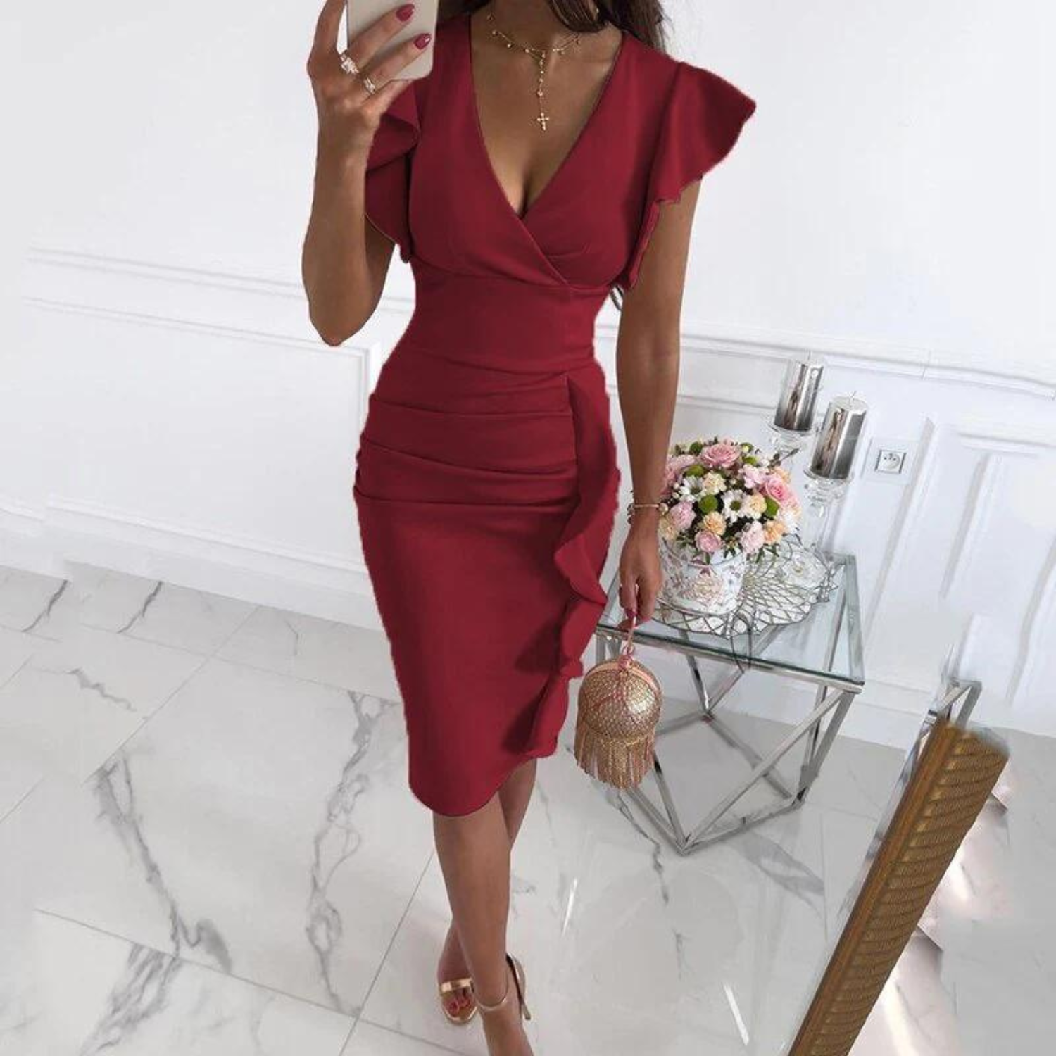 Bodycon Jurk met Ruches en Diepe V-hals