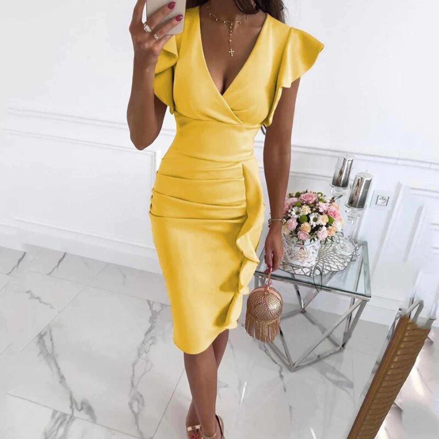 Bodycon Jurk met Ruches en Diepe V-hals