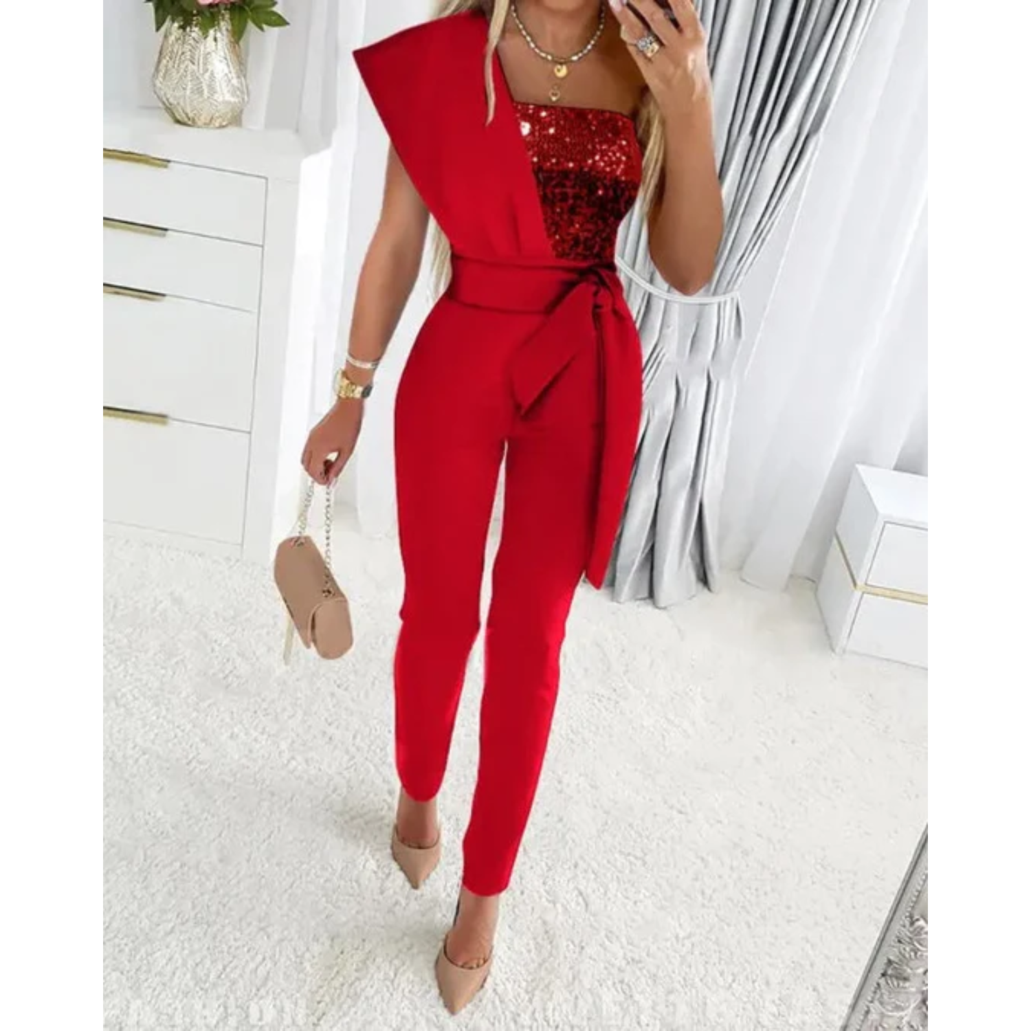 Pailletten Jumpsuit met Tailleband en Asymmetrische Schouder