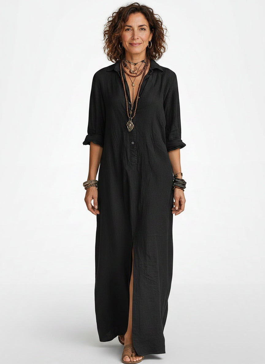 Full body view of the model wearing Linnen Look Maxi Blousejurk met Split