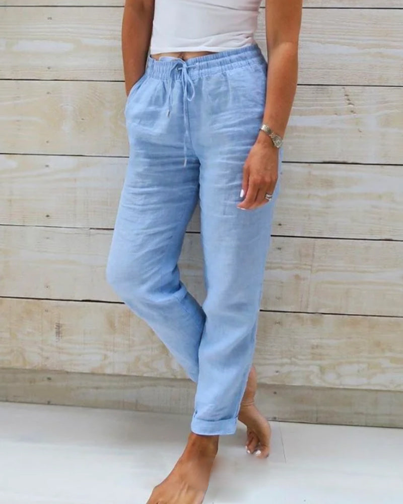 Linnen Pantalon met Elastische Taille en Steekzakken