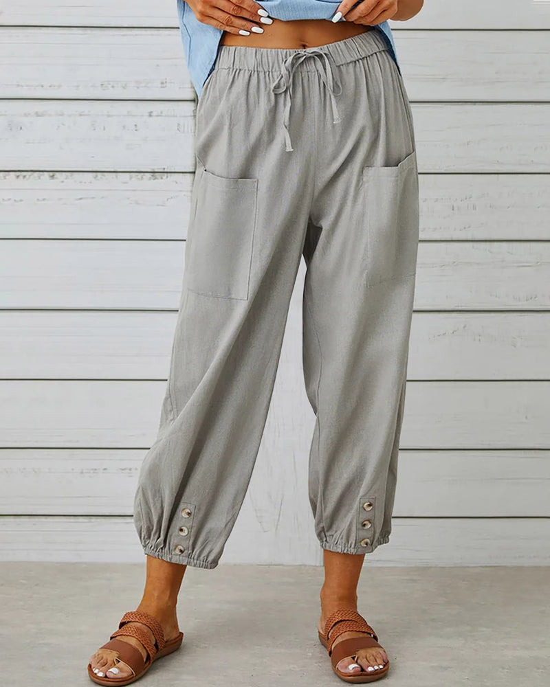 Linnen Broek met Elastische Taille en Knoopdetail