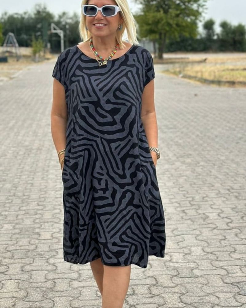 Linnen Midi-jurk met Grafisch Streepdessin