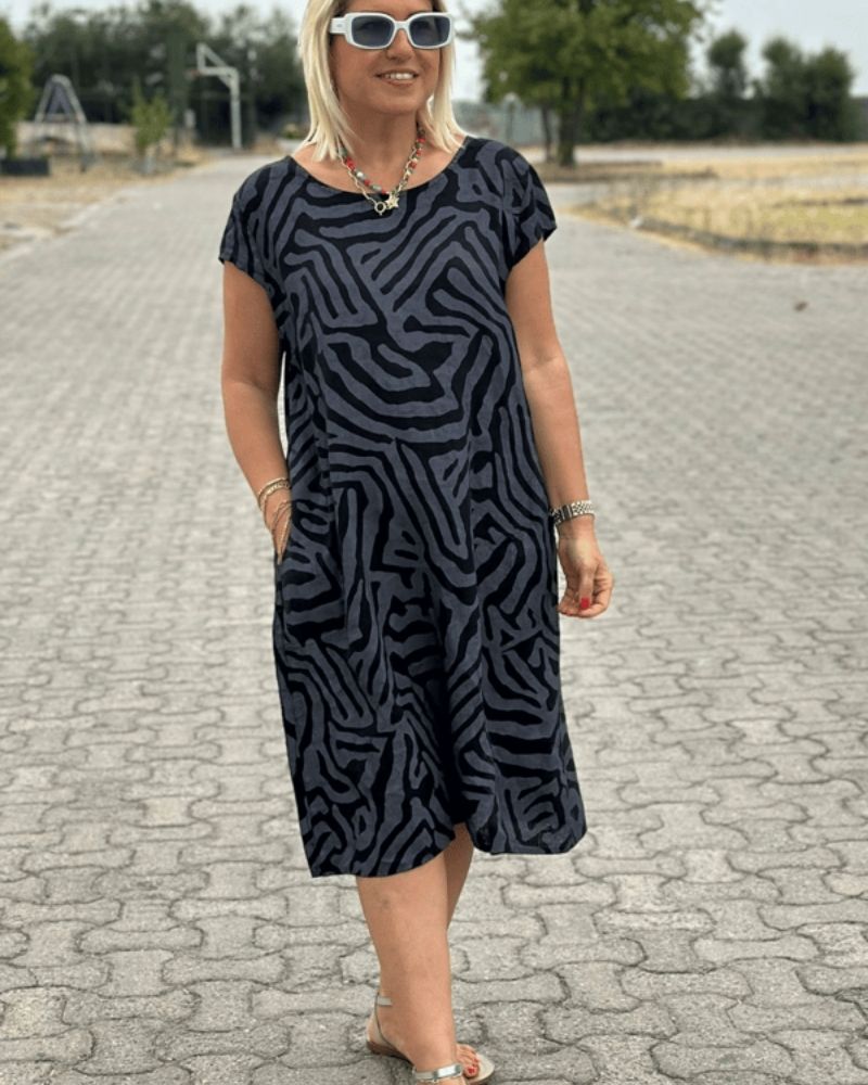 Linnen Midi-jurk met Grafisch Streepdessin