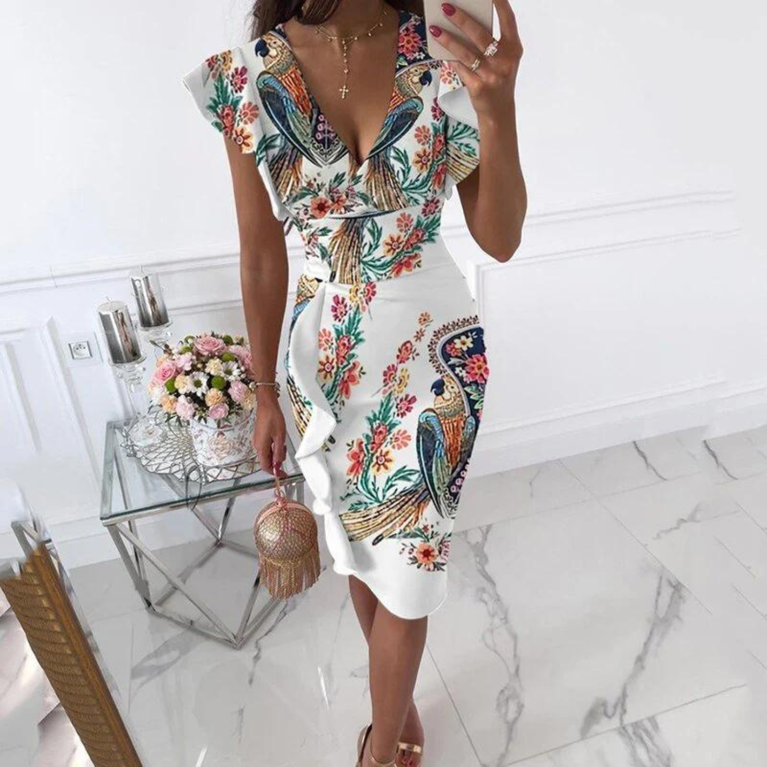 Bodycon Jurk met Ruches en Diepe V-hals