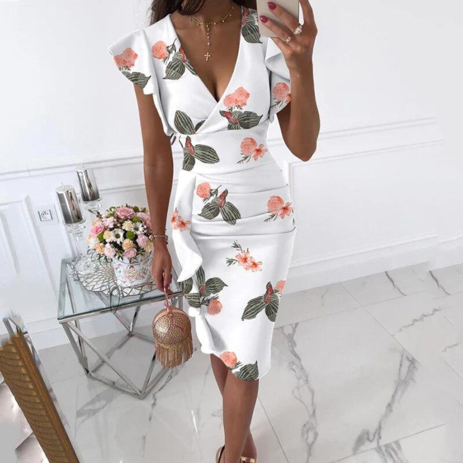 Bodycon Jurk met Ruches en Diepe V-hals