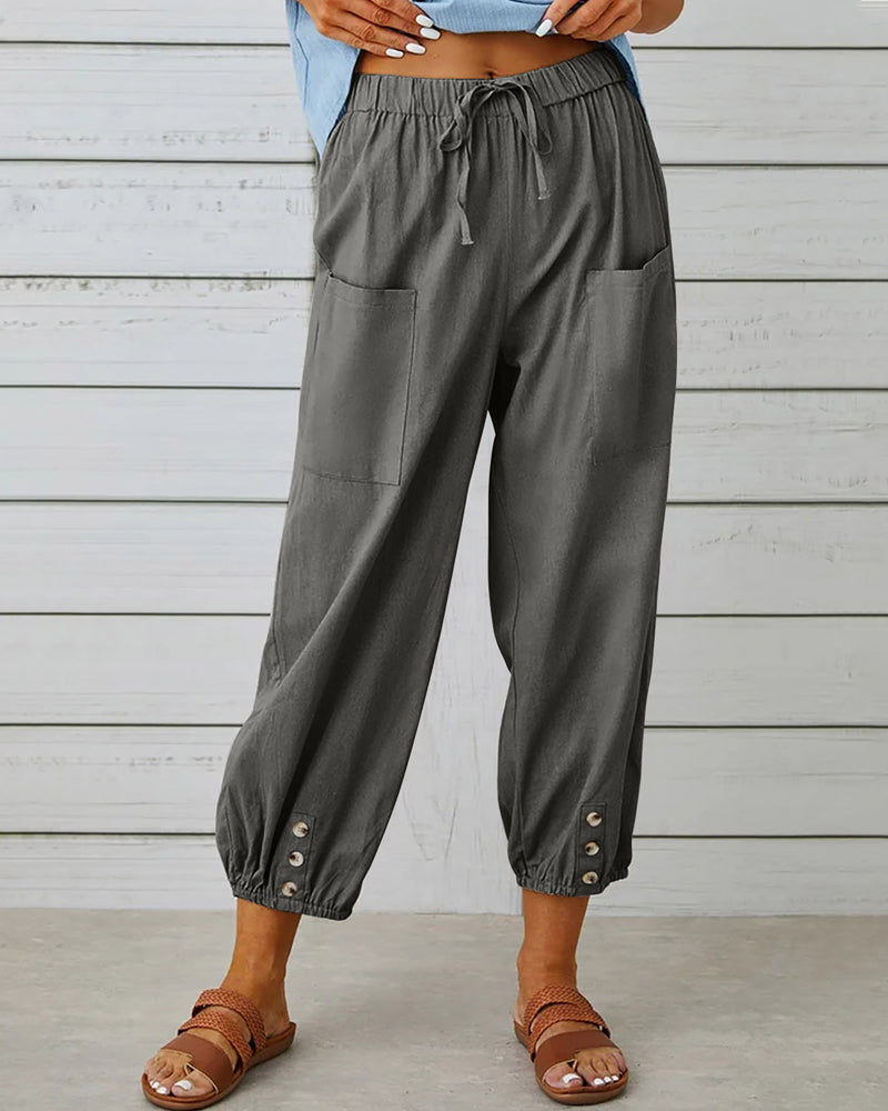 Linnen Broek met Elastische Taille en Knoopdetail