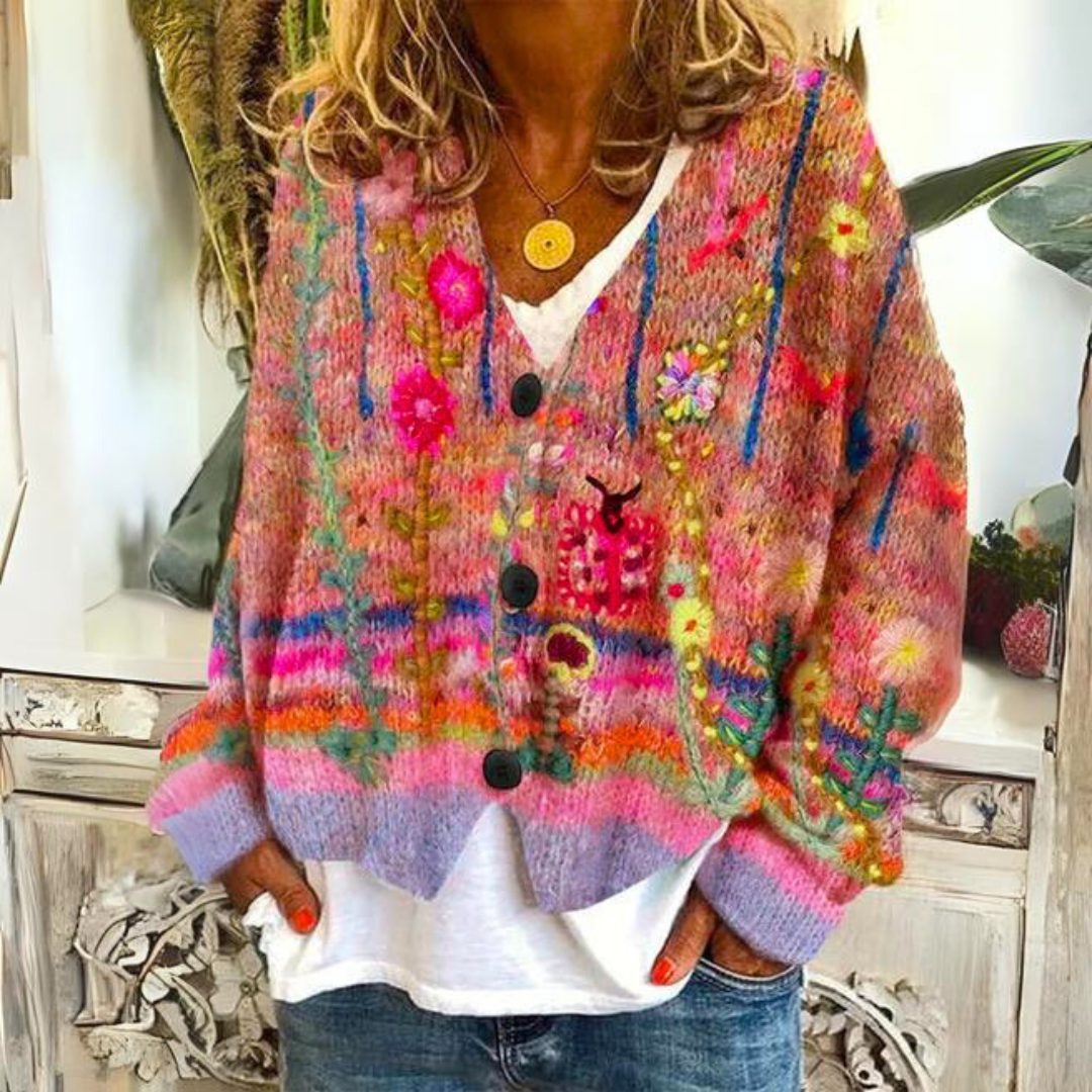 Simone - Stijlvol Gebreid Vintage Bloemen Vest