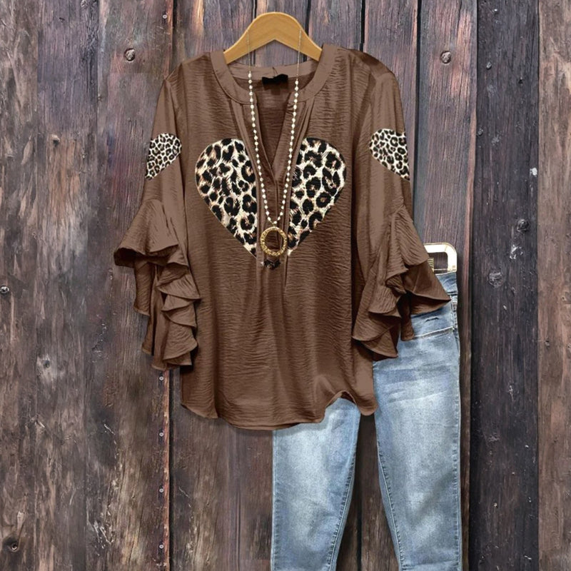 Blouse met Luipaardhart en Volant Mouwen