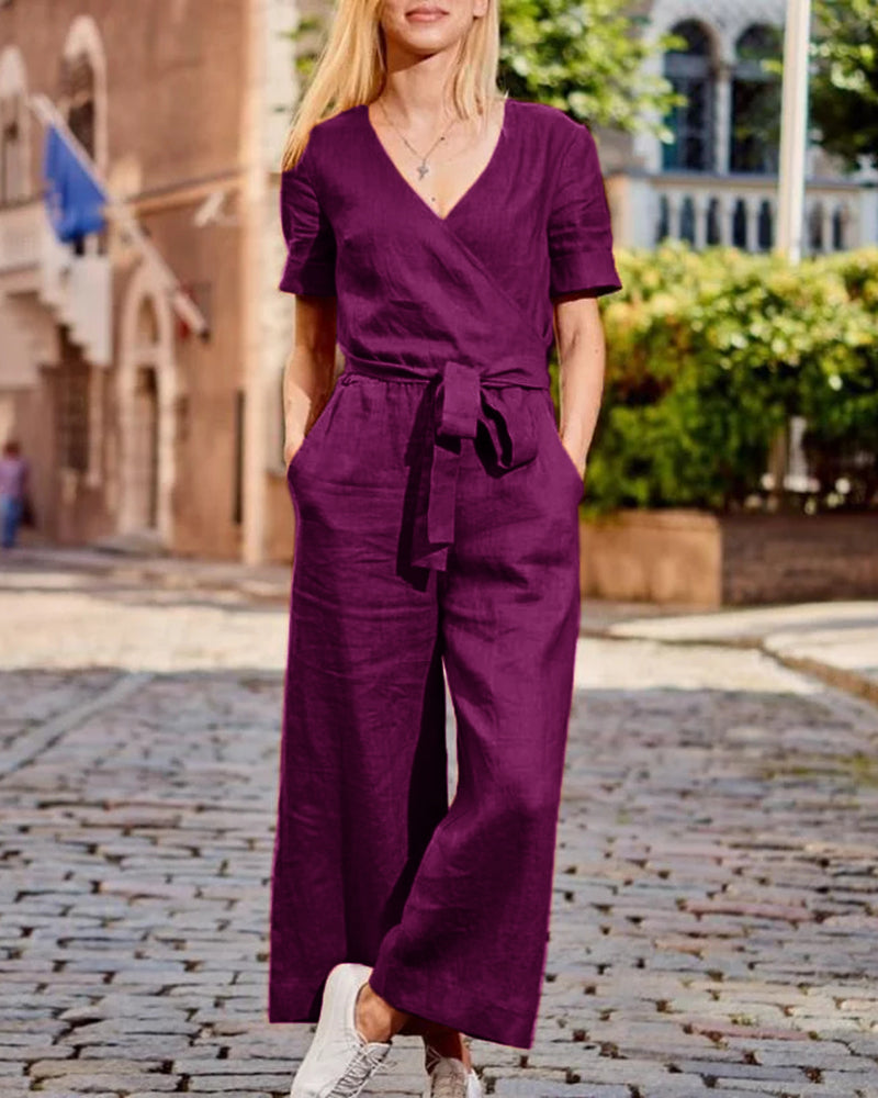 Linnen Jumpsuit met Ceintuur en Korte Mouwen