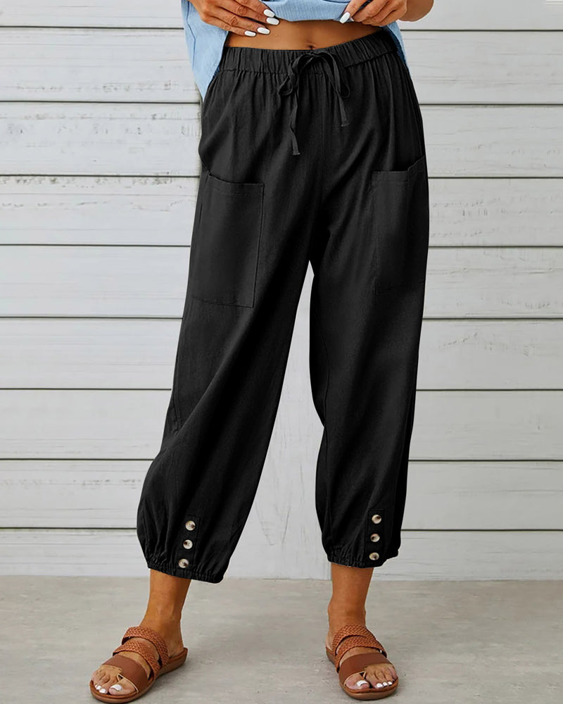 Linnen Broek met Elastische Taille en Knoopdetail