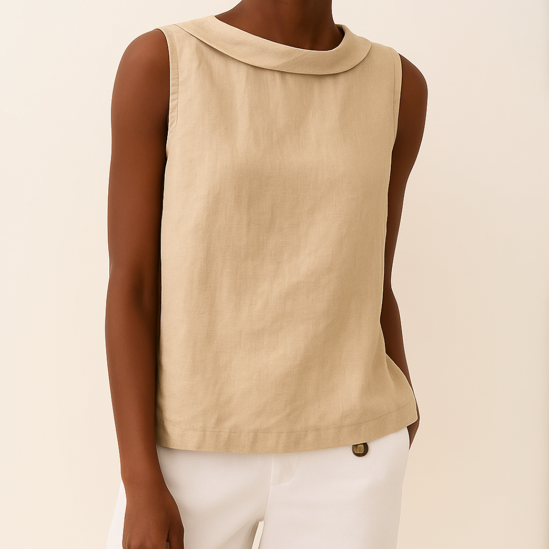 Linnen Look Top met Opstaande Kraag
