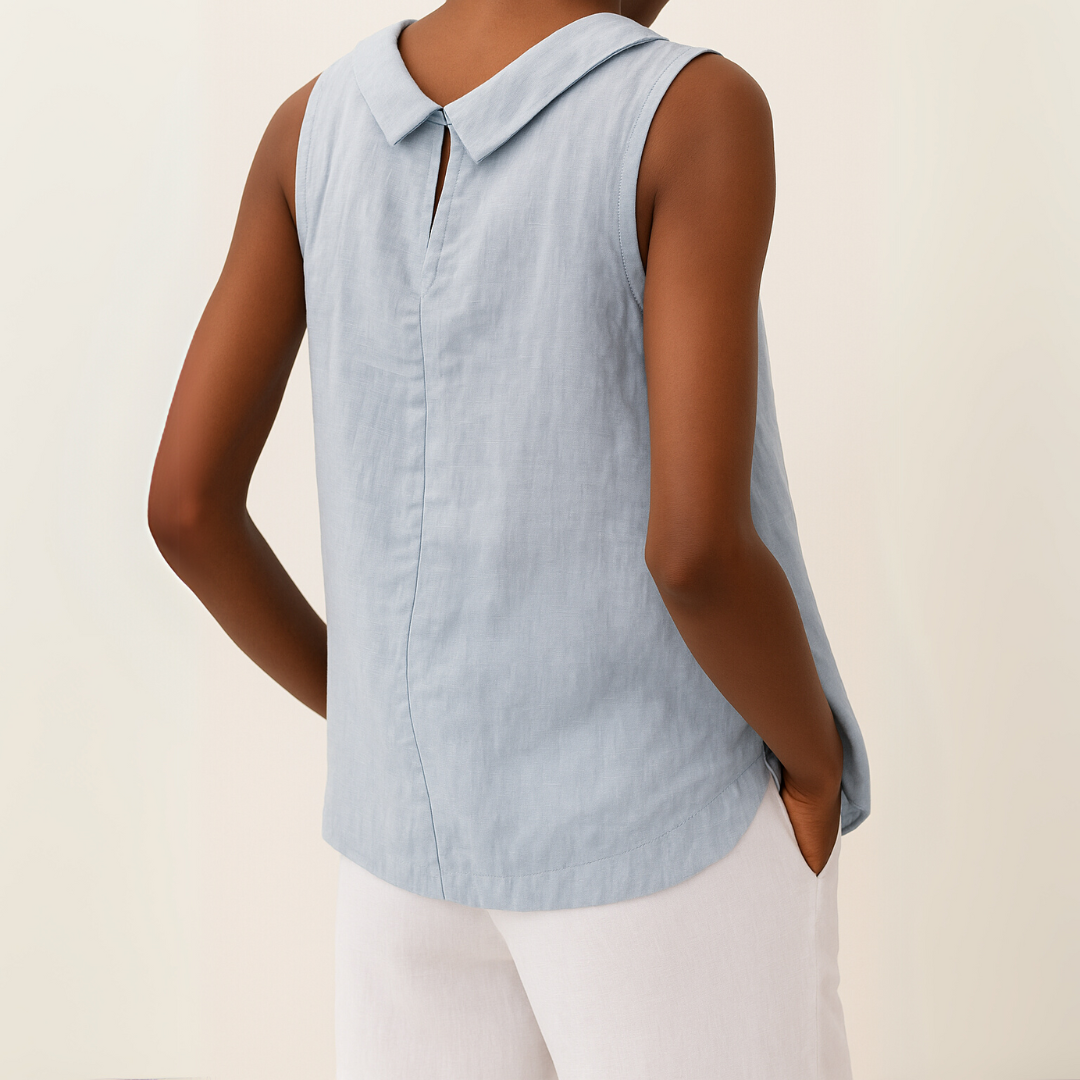 Linnen Look Top met Opstaande Kraag