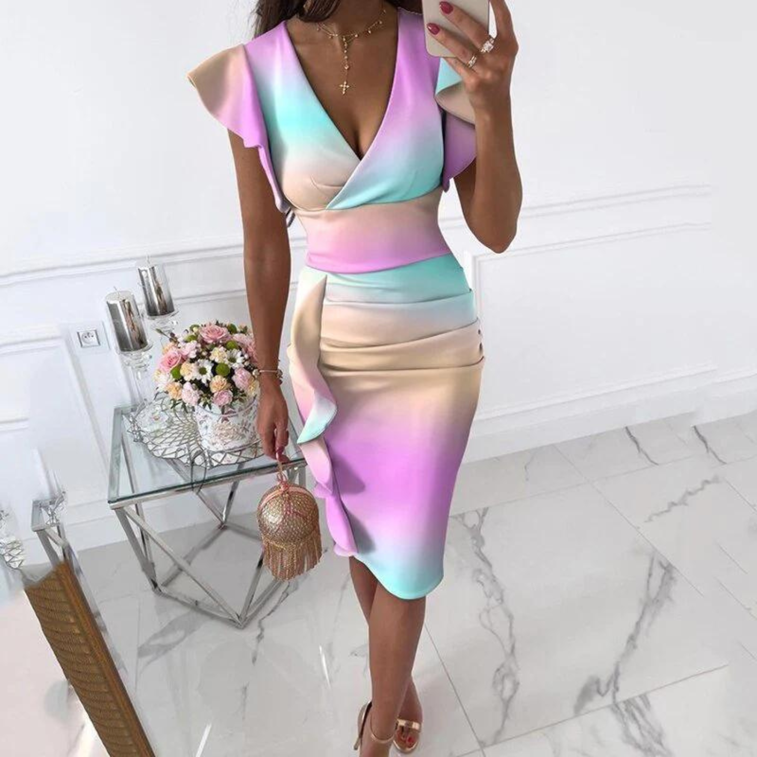 Bodycon Jurk met Ruches en Diepe V-hals