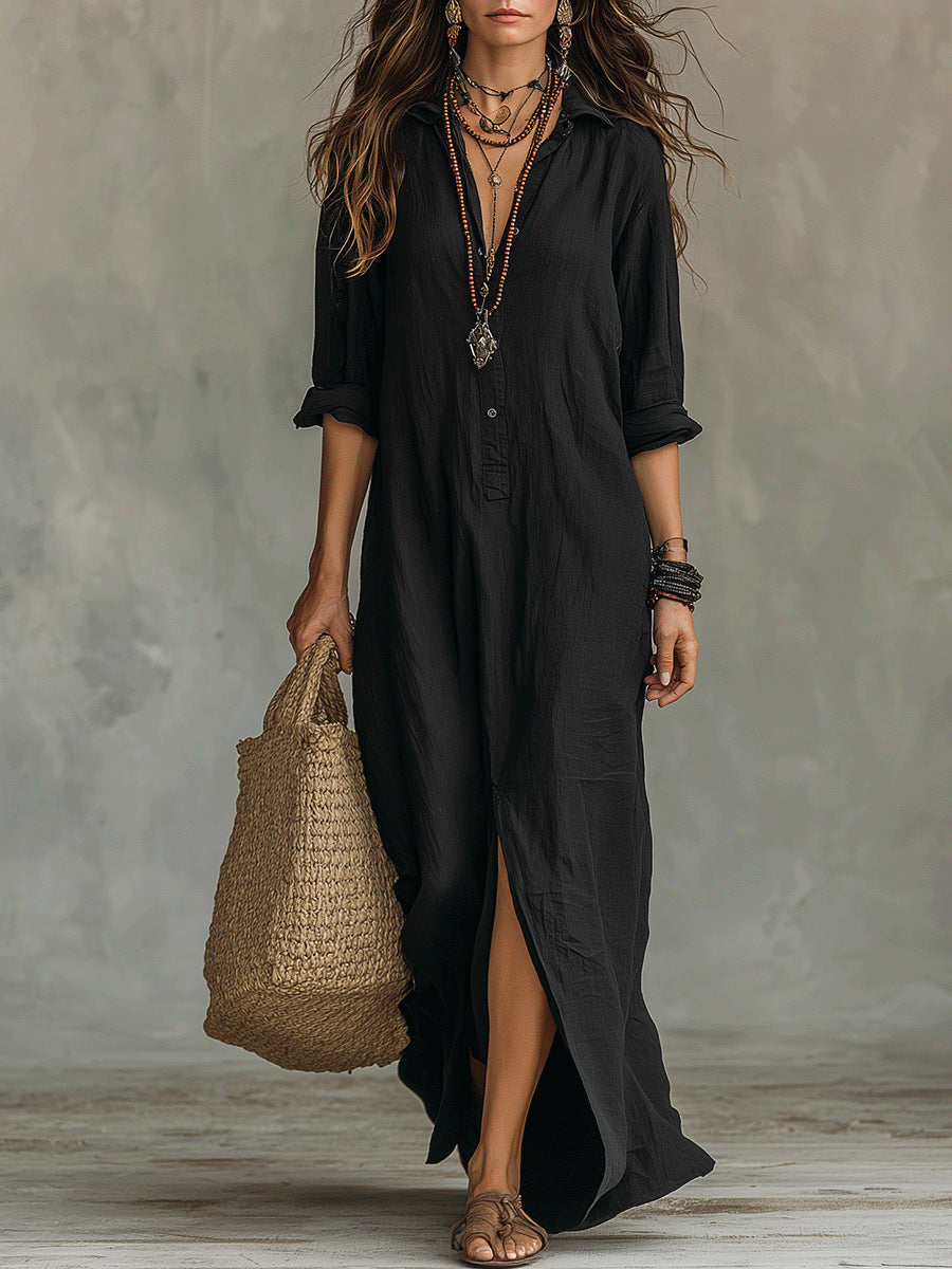 Linnen Look Maxi Blousejurk met Split