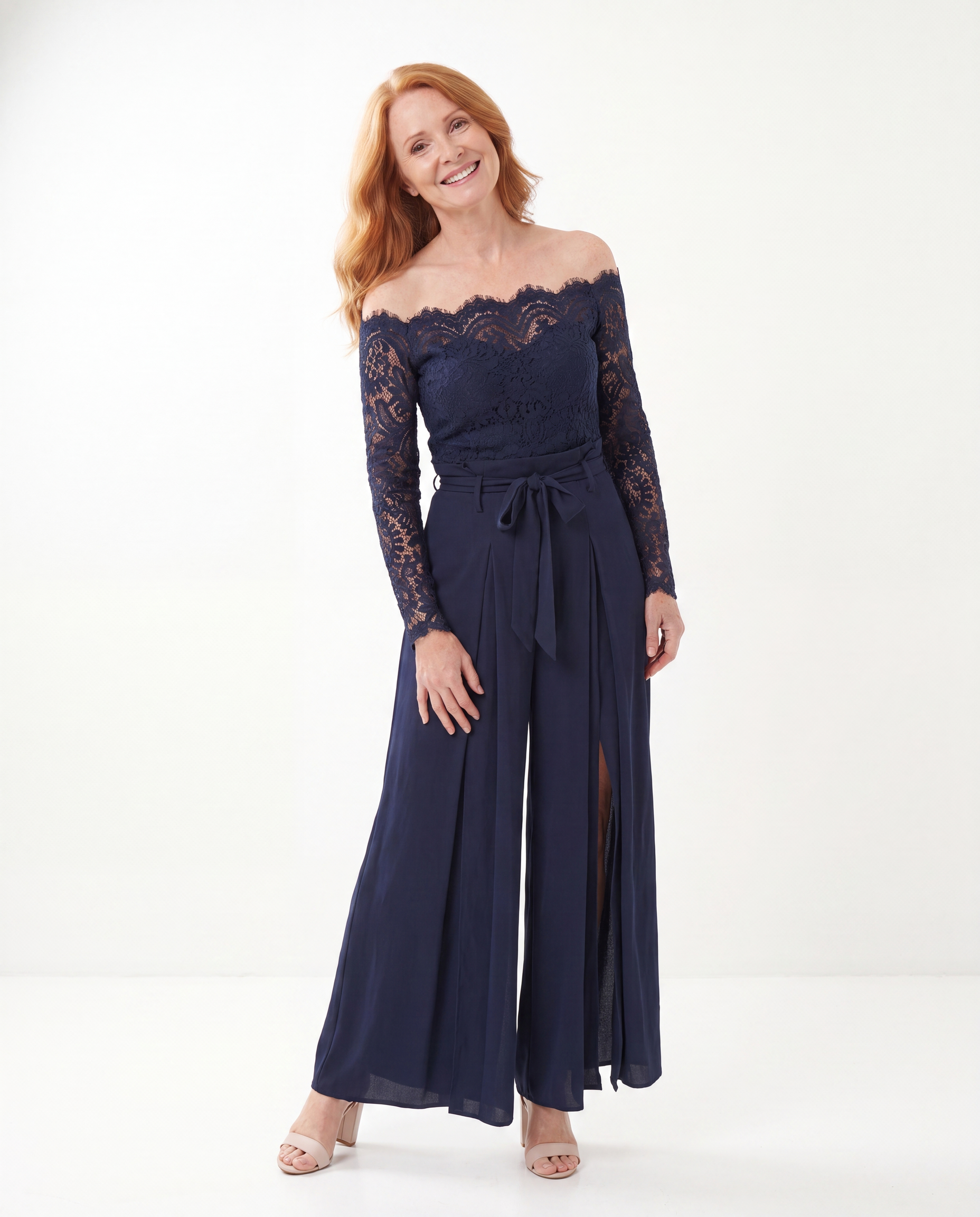 Kanten Jumpsuit met Blote Schouders en Split