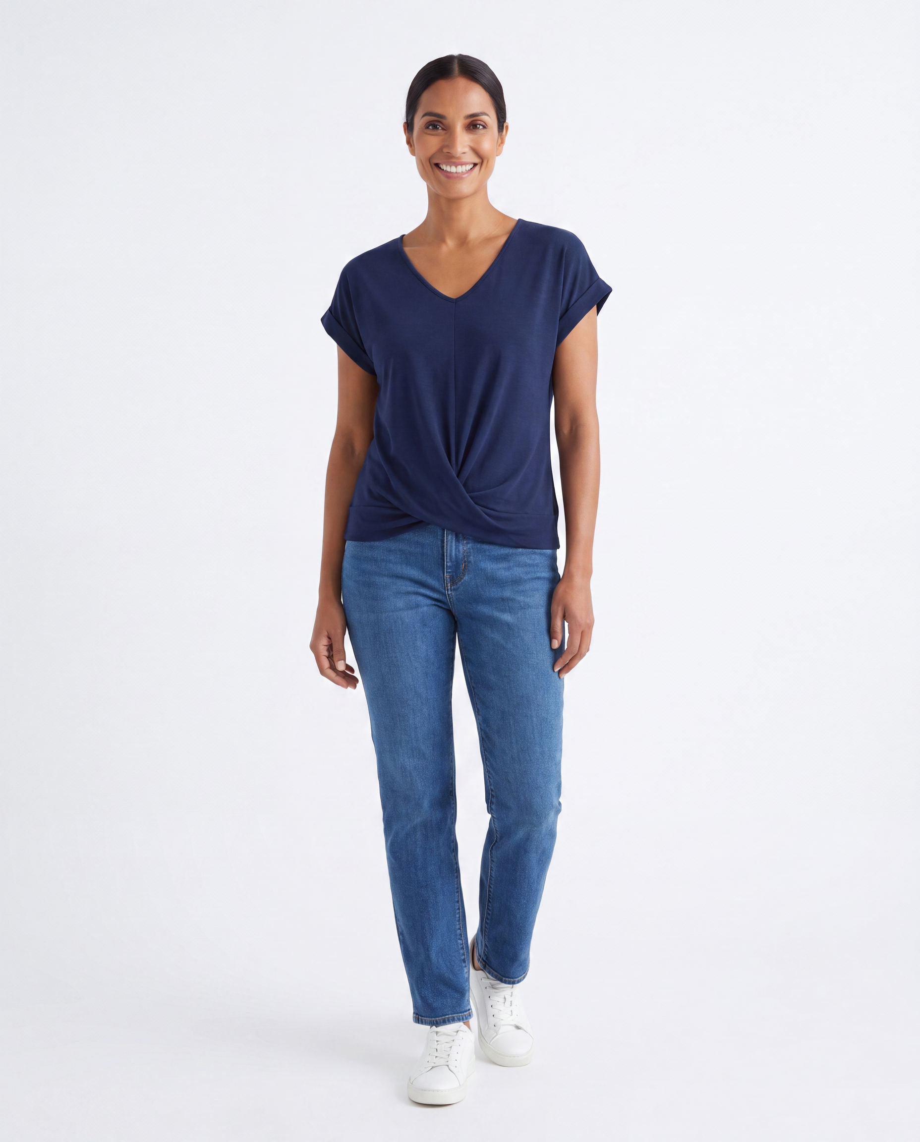Soepele T-shirt met V-hals en Geknoopte Zoom