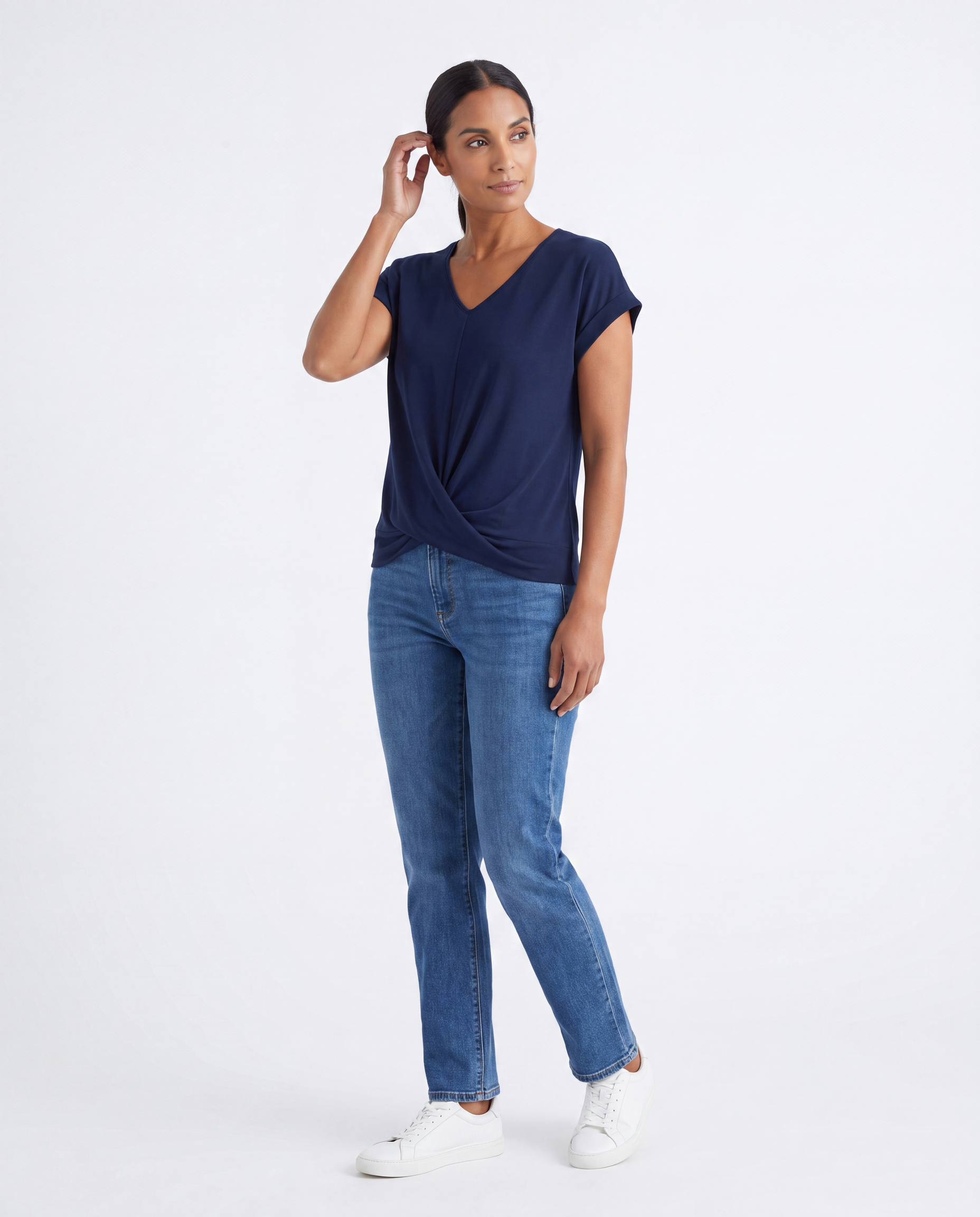 Soepele T-shirt met V-hals en Geknoopte Zoom