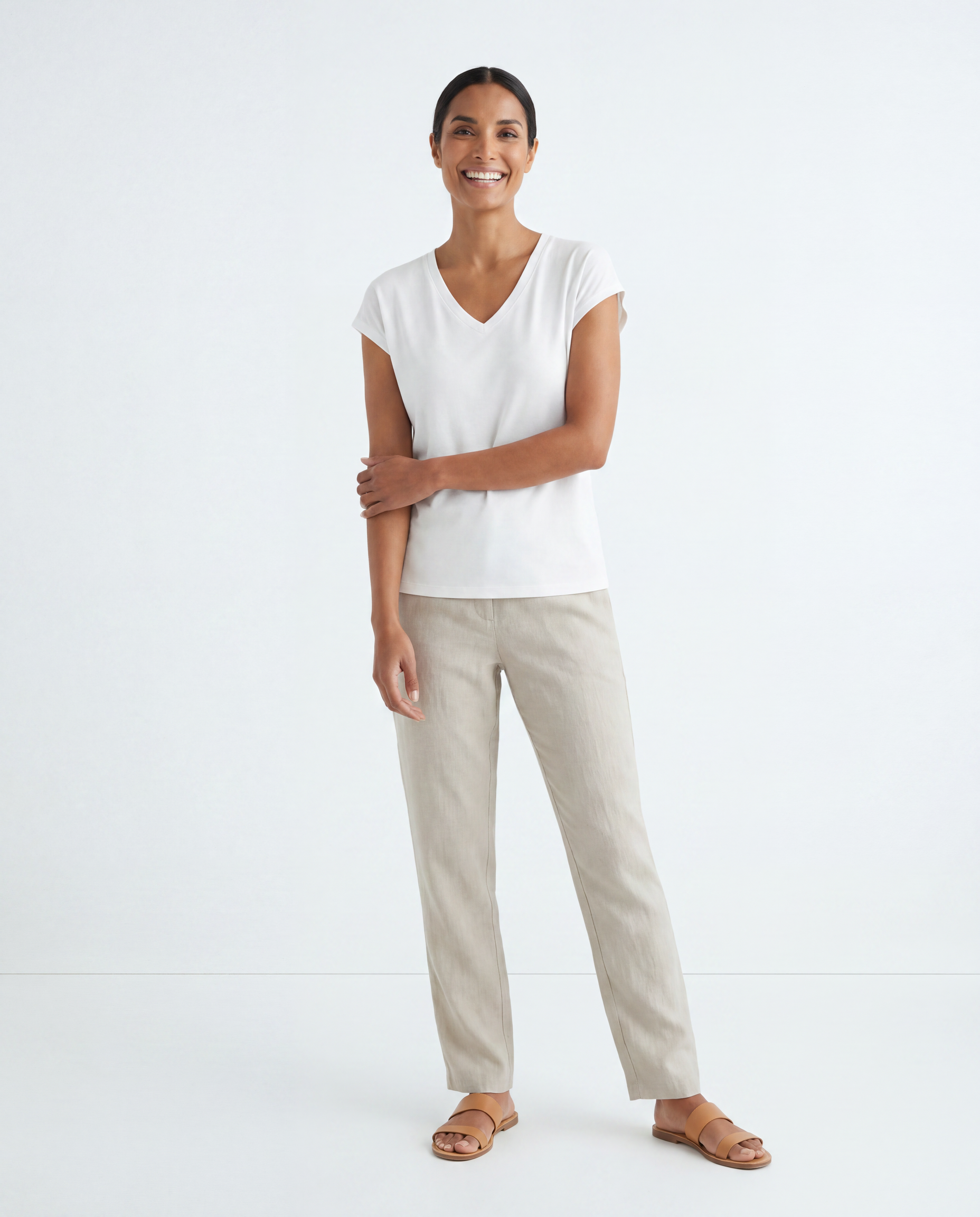 Katoenen T-shirt met V-hals en Cap Sleeves