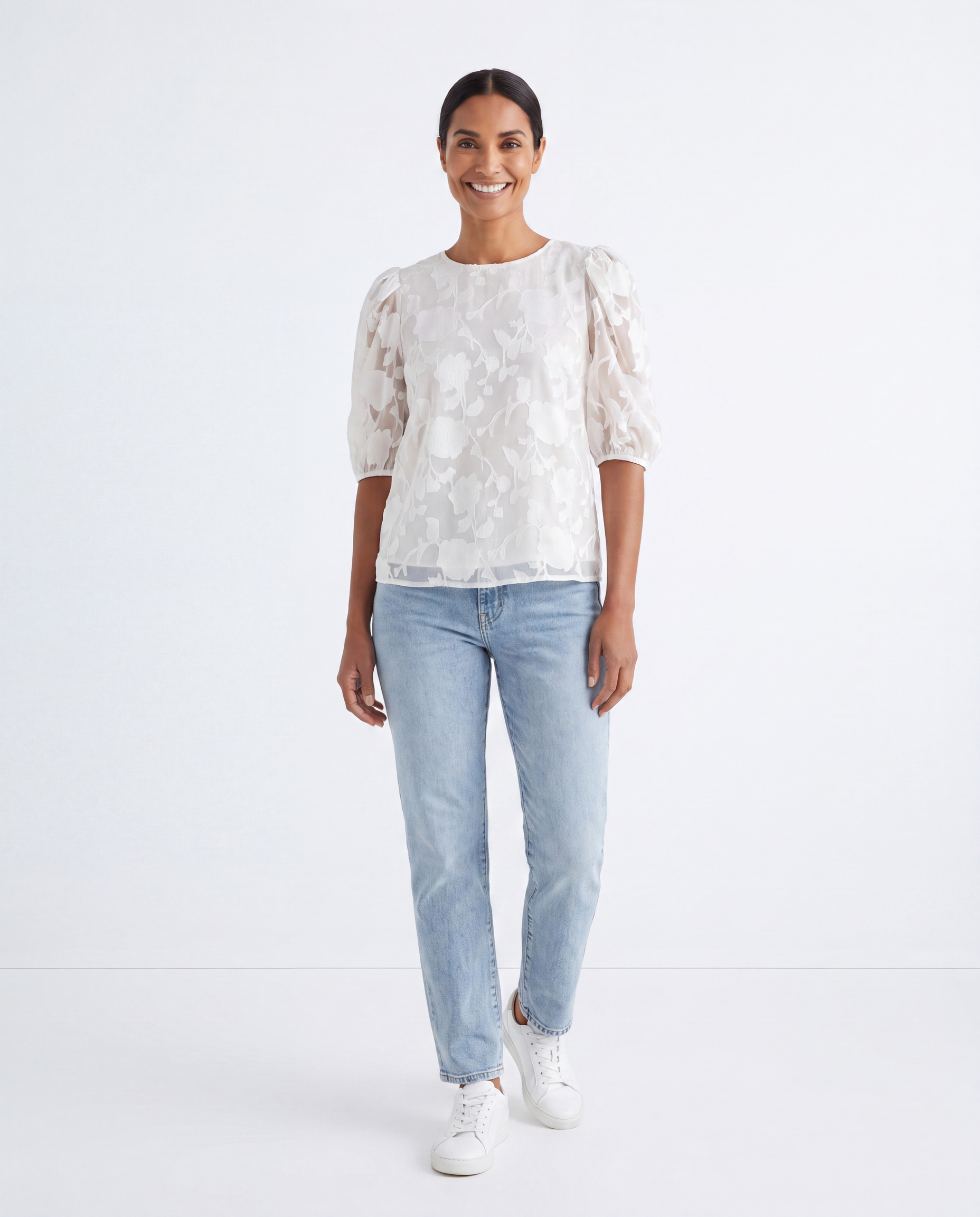 Jacquard Blouse met Bloemenprint en Pofmouwen
