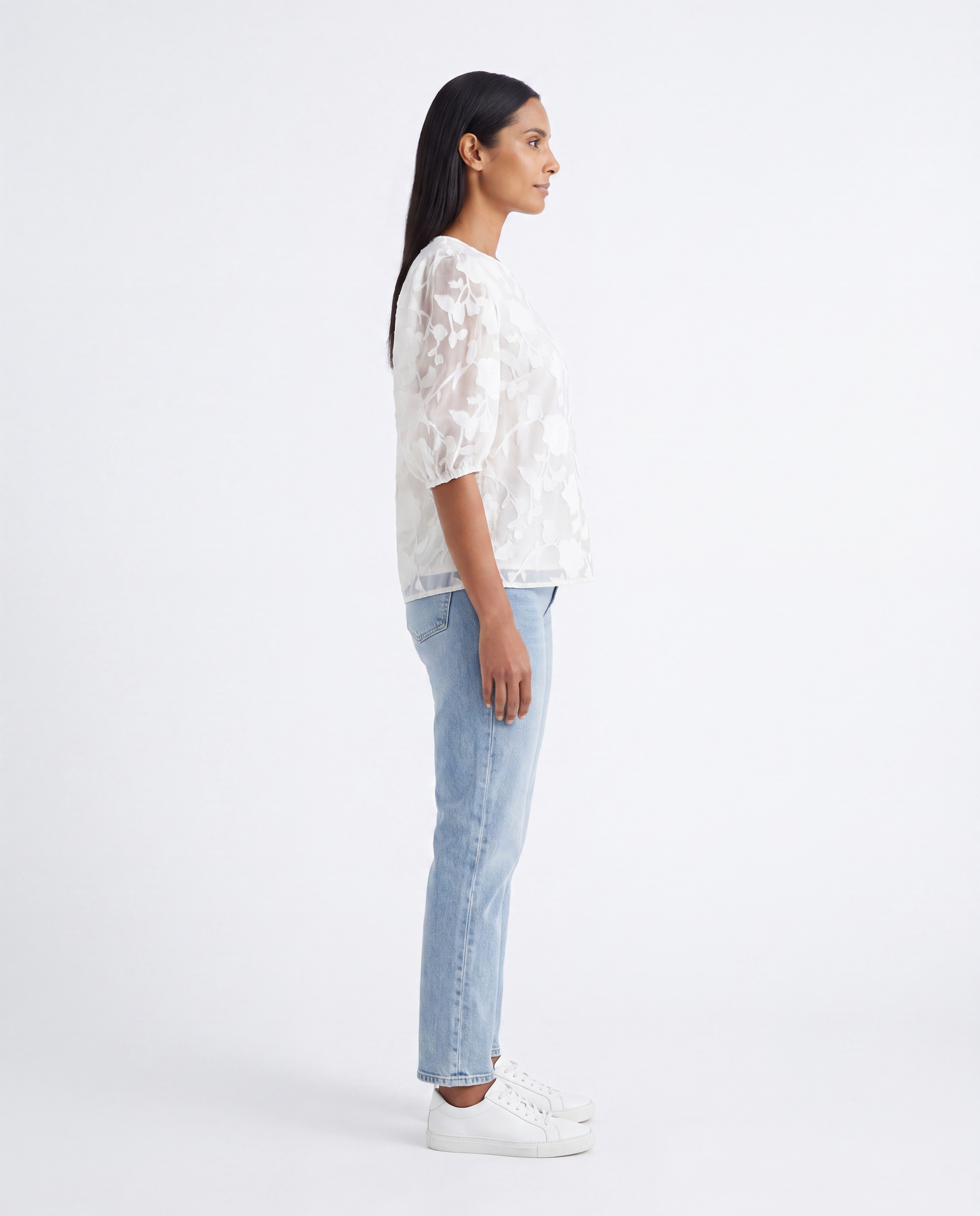 Jacquard Blouse met Bloemenprint en Pofmouwen