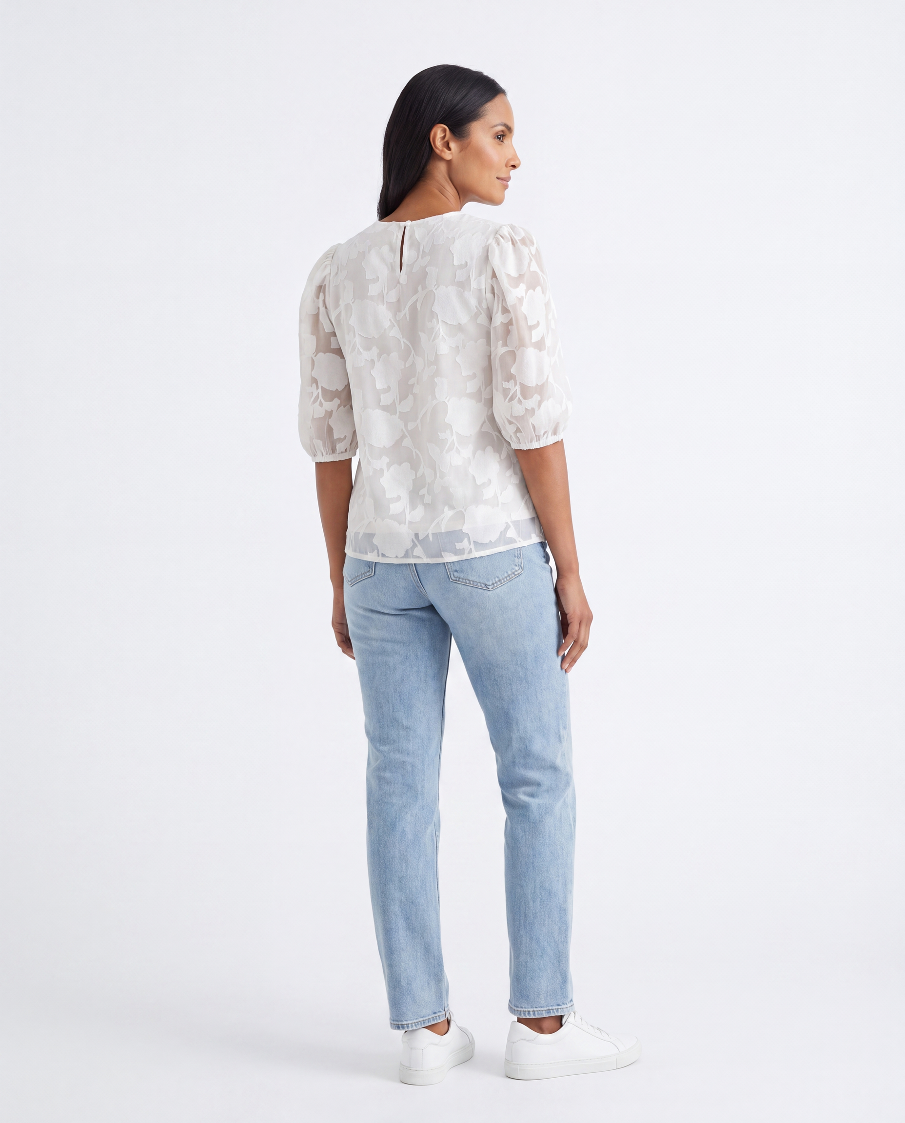 Jacquard Blouse met Bloemenprint en Pofmouwen