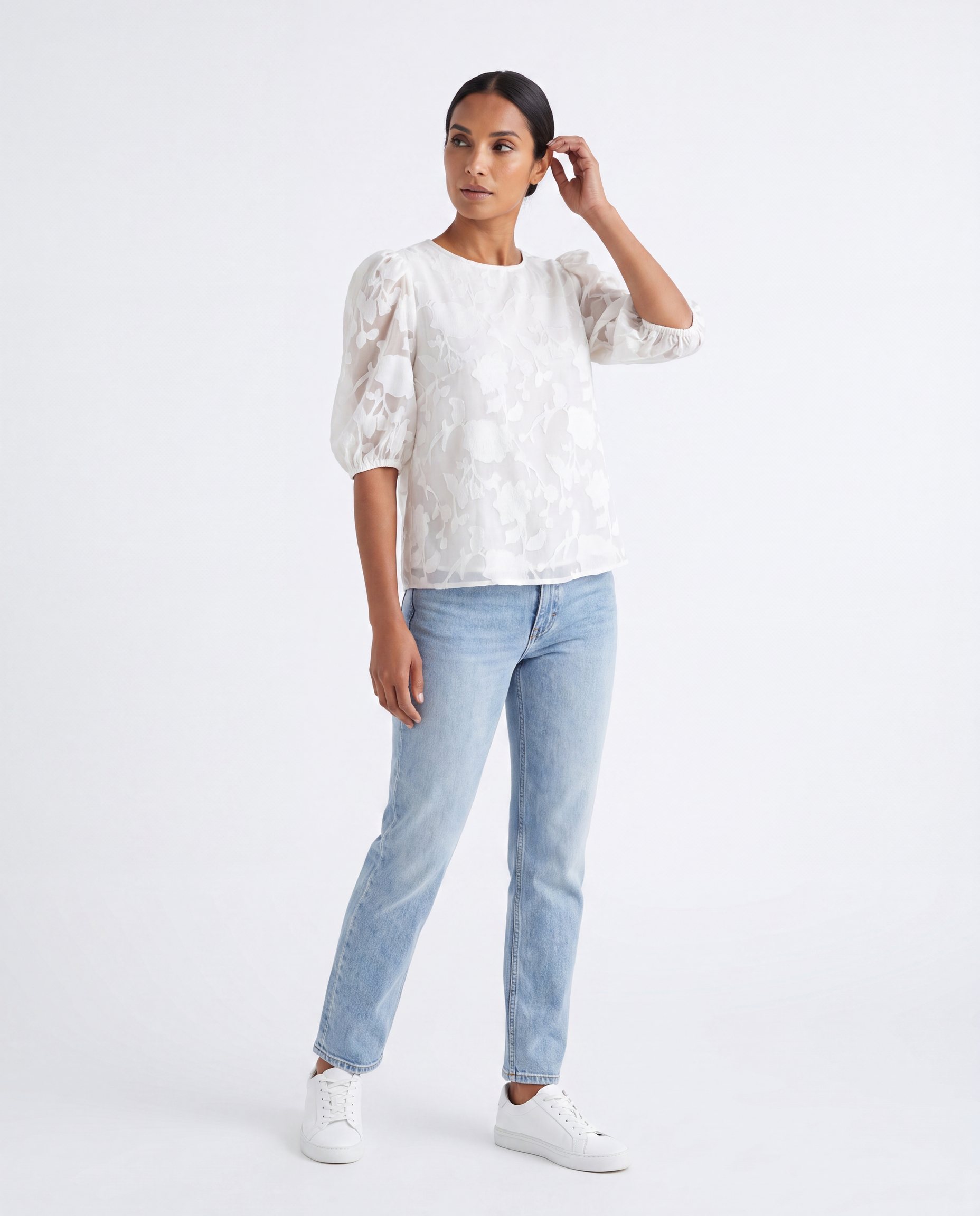 Jacquard Blouse met Bloemenprint en Pofmouwen