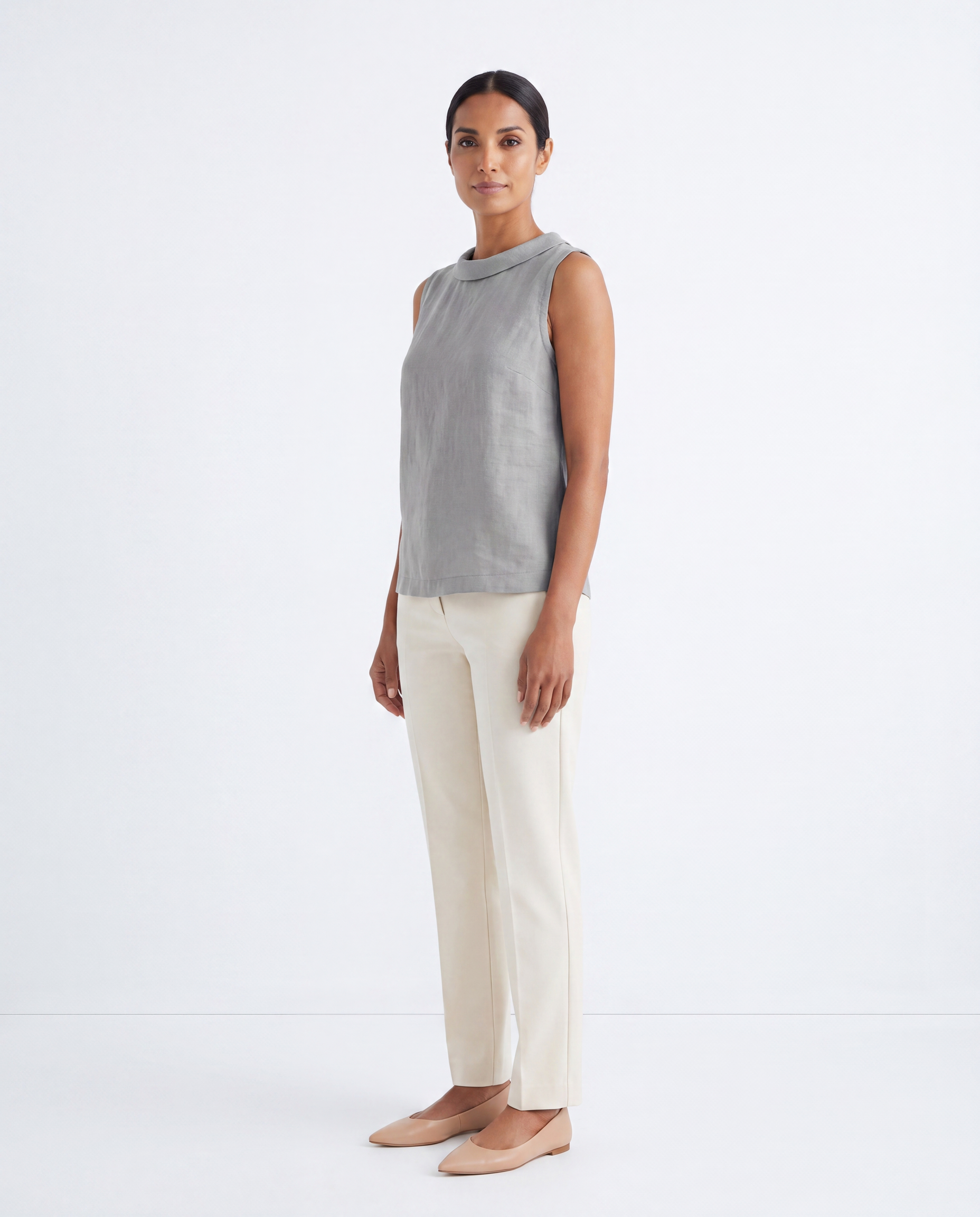 Linnen Look Top met Opstaande Kraag