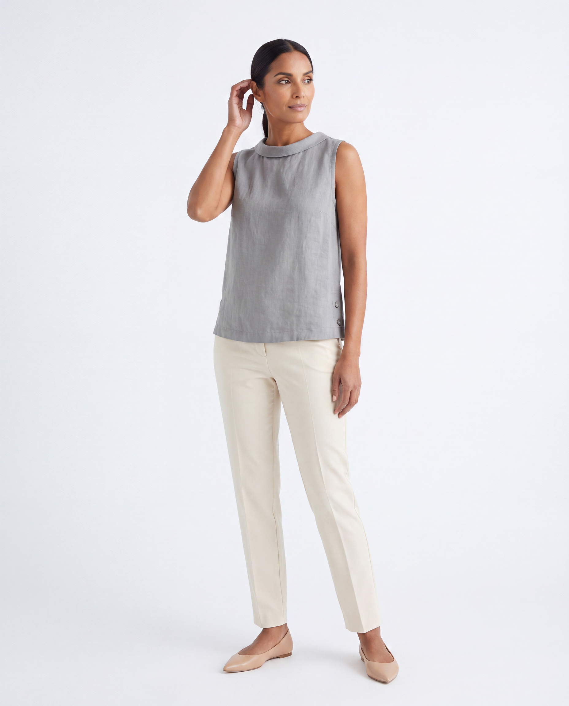 Linnen Look Top met Opstaande Kraag