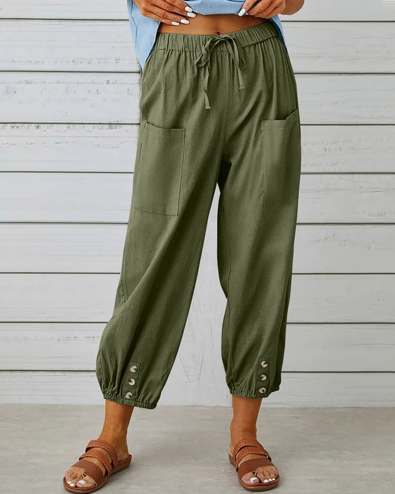 Linnen Broek met Elastische Taille en Knoopdetail