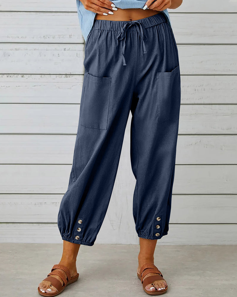 Linnen Broek met Elastische Taille en Knoopdetail