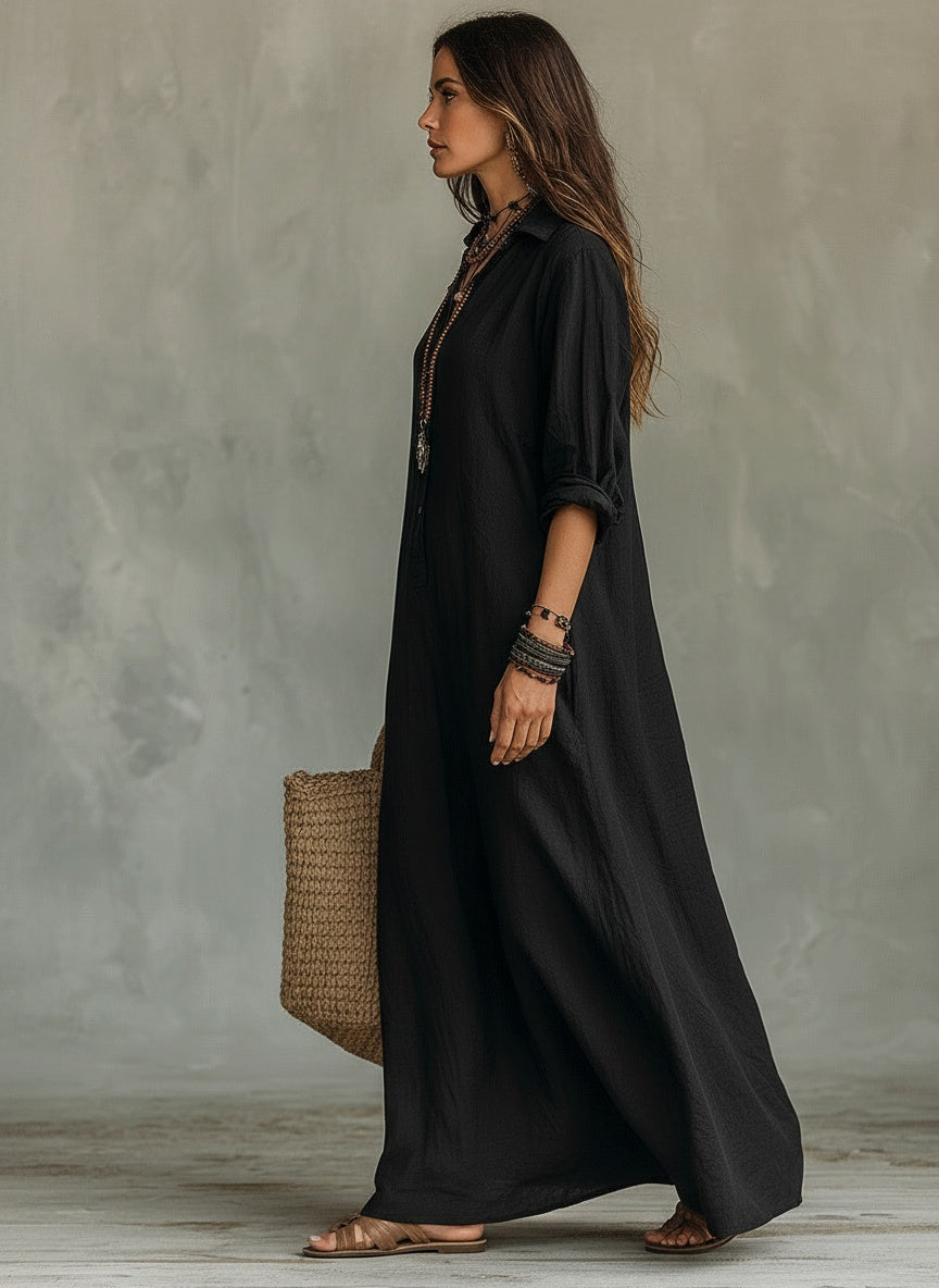 Side profile of the model wearing Linnen Look Maxi Blousejurk met Split