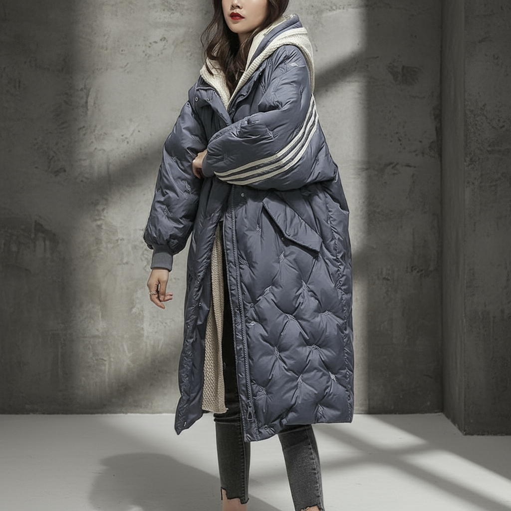 Simone - Elegante Gestreepte Lange Winterjas