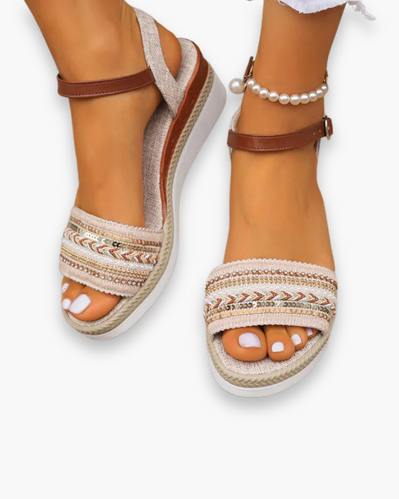 Boho Sleehak Sandalen met Pailletten Bies