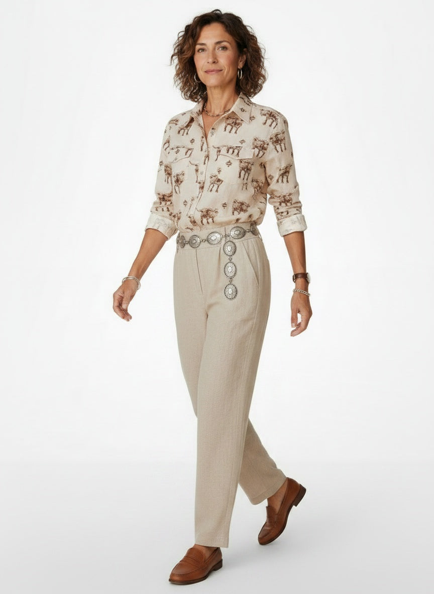 Model walking while wearing Western Blouse met Longhorn Print