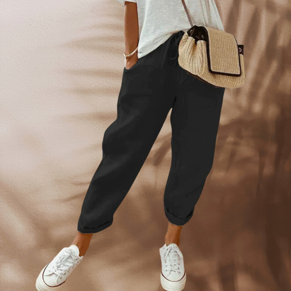 Linnen Broek met Elastische Taille en Omslag
