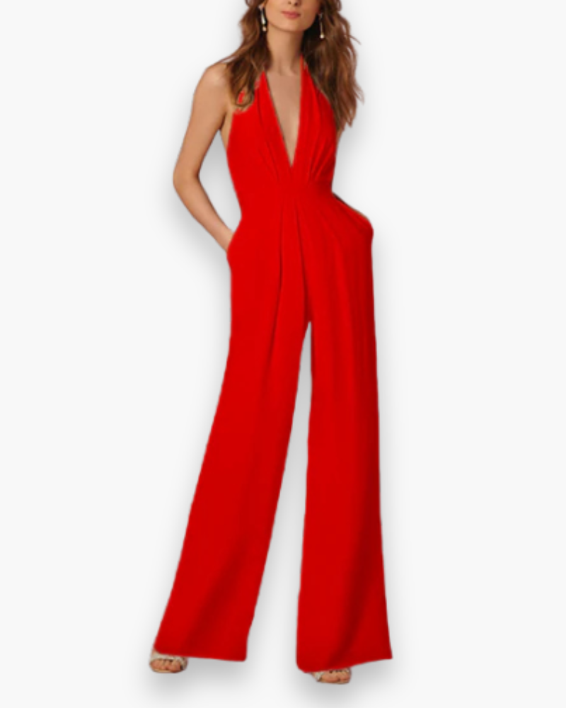 Halter Jumpsuit met Diepe V-hals en Wijde Pijpen