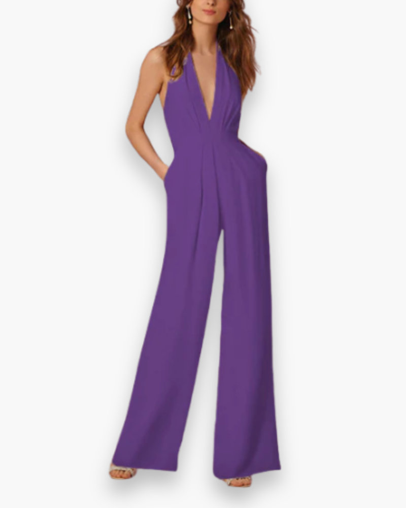 Halter Jumpsuit met Diepe V-hals en Wijde Pijpen