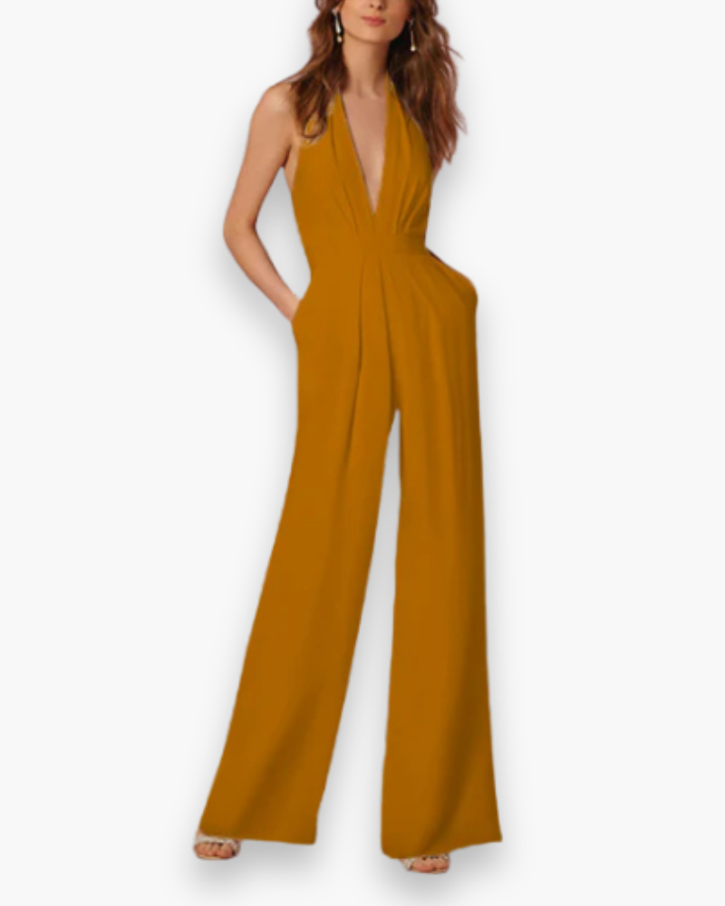 Halter Jumpsuit met Diepe V-hals en Wijde Pijpen