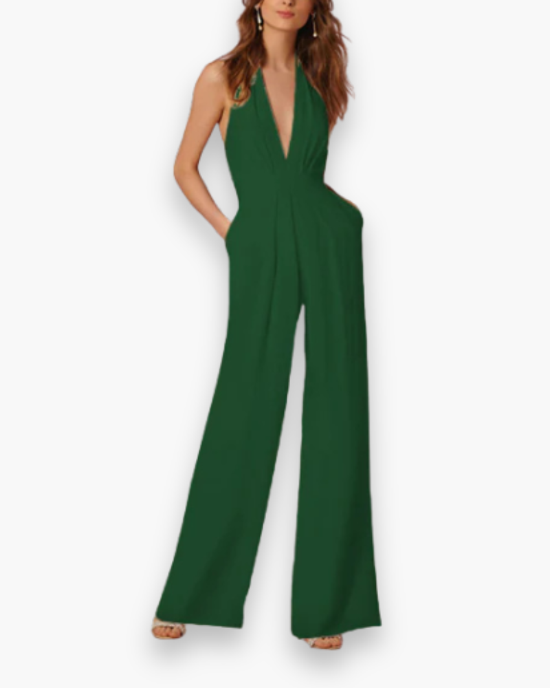Halter Jumpsuit met Diepe V-hals en Wijde Pijpen